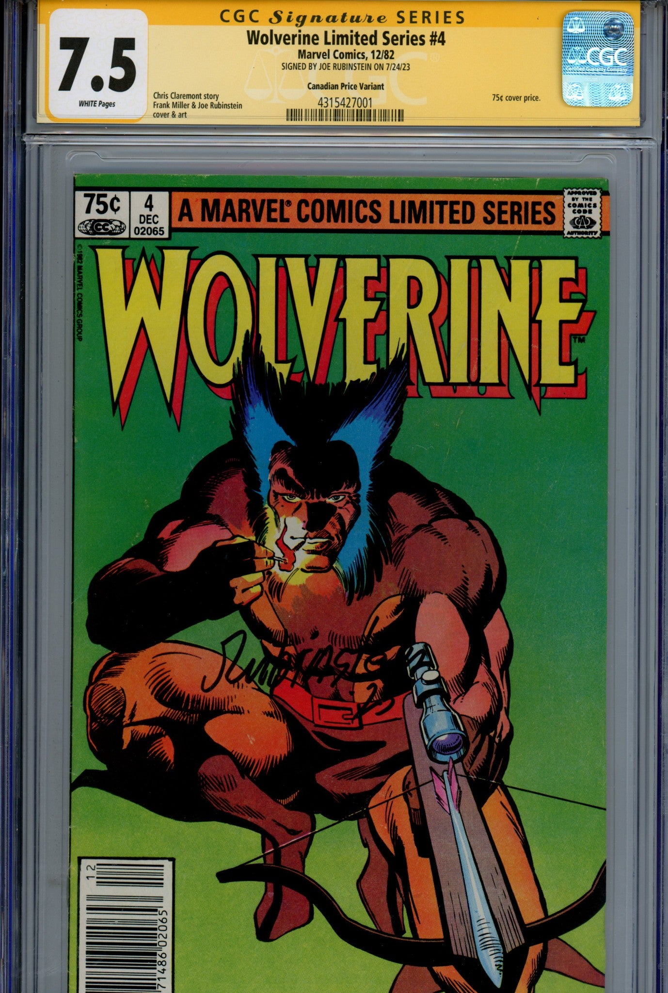 Wolverine Vol 1 4 CGC 7.5 (VF-) (1982) Canadian Price Variant Signed x1 Cover Joe Rubinstein 