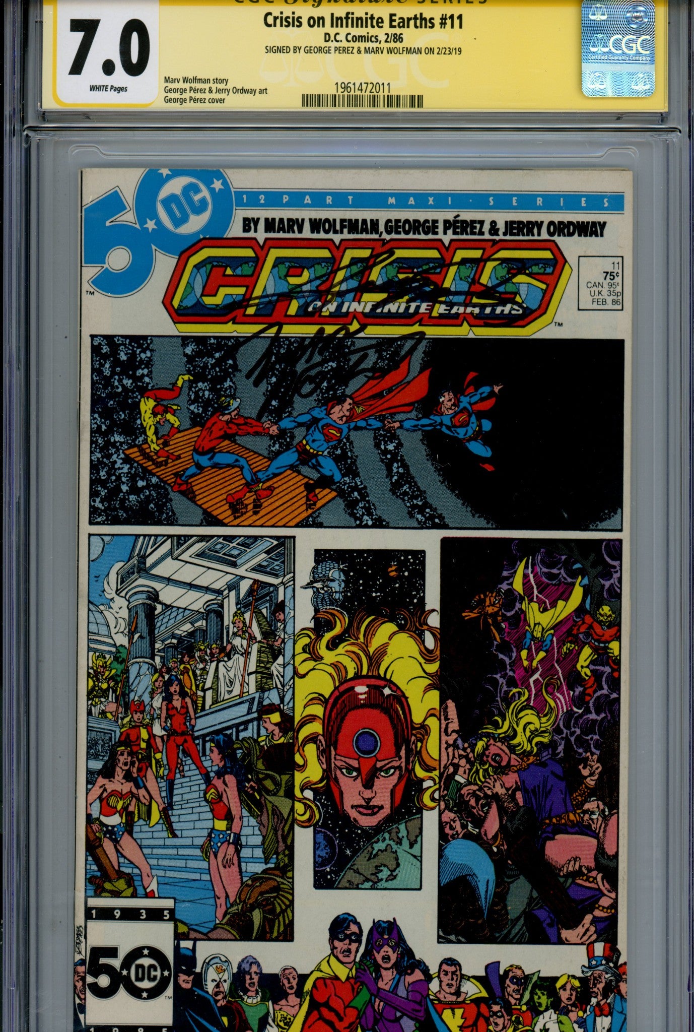 Crisis on Infinite Earths 11 CGC 7.0 (FN/VF) (1986) Signed x2 Cover George Perez & Marv Wolfman 