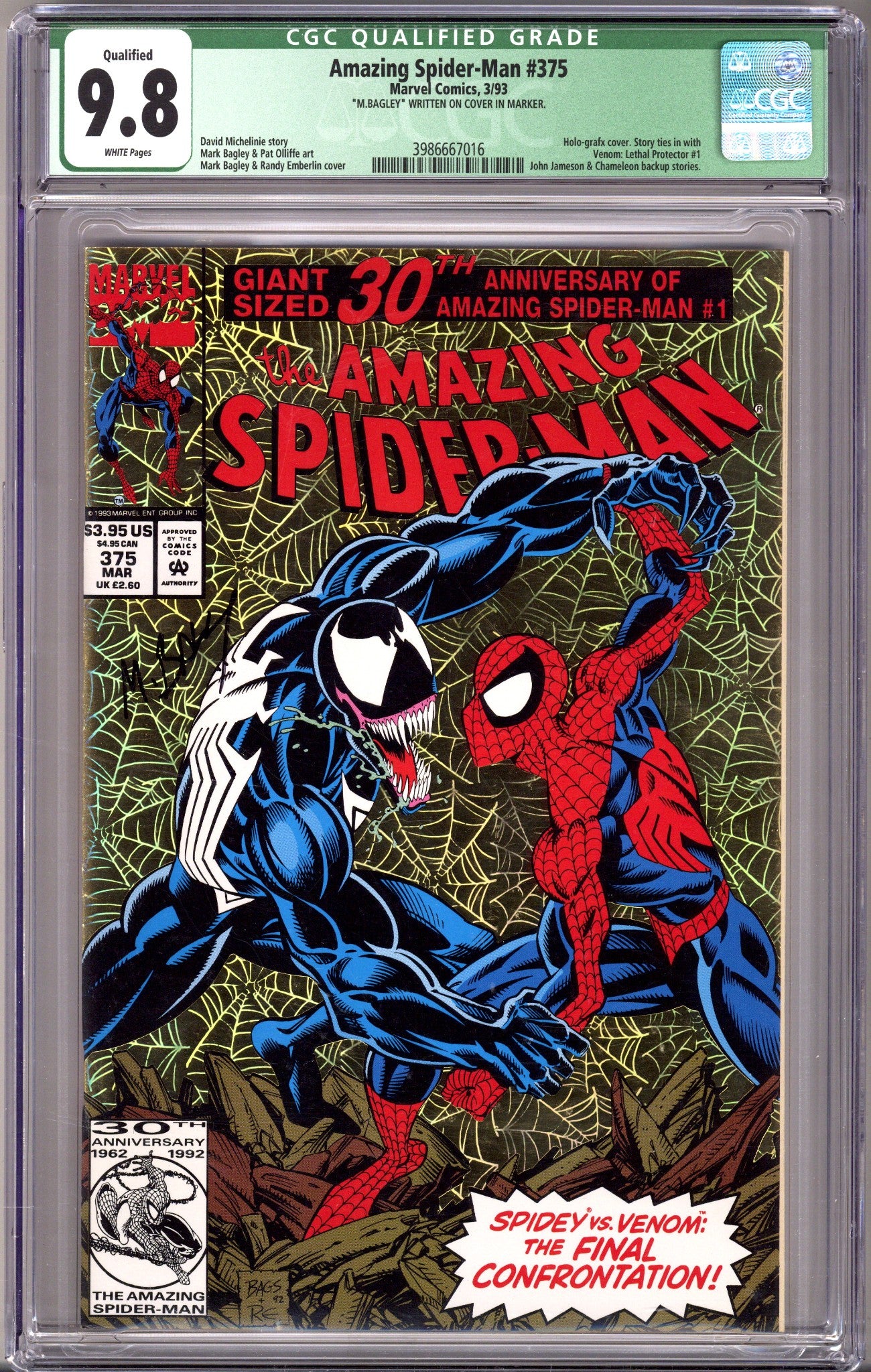 The Amazing Spider-Man Vol 1 375 CGC 9.8 (NM/M) Signed Mark Bagley (Qualified) (1993) 