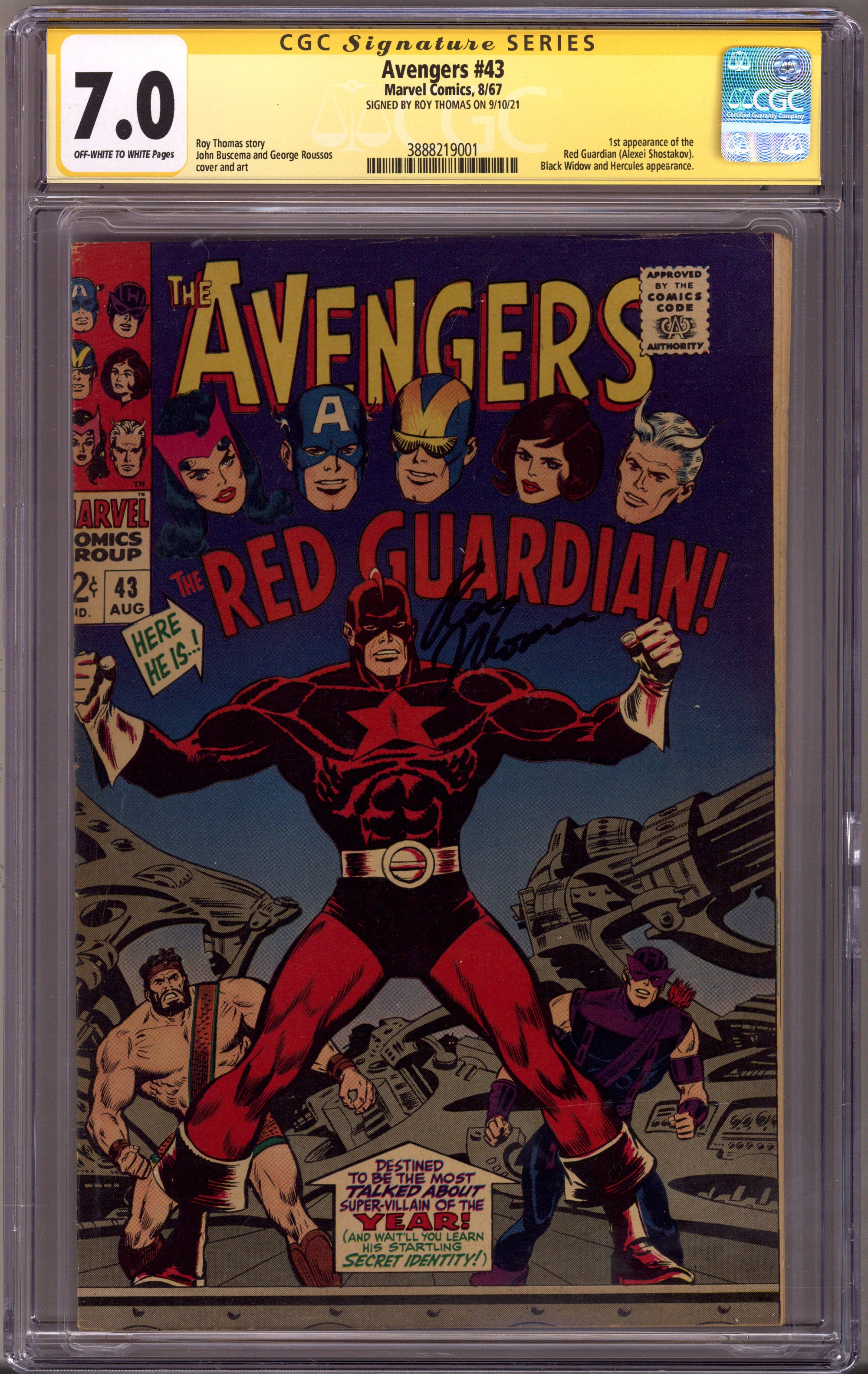The Avengers Vol 1 43 CGC 7.0 (FN/VF) (1967) Signed x1 Cover Roy Thomas 