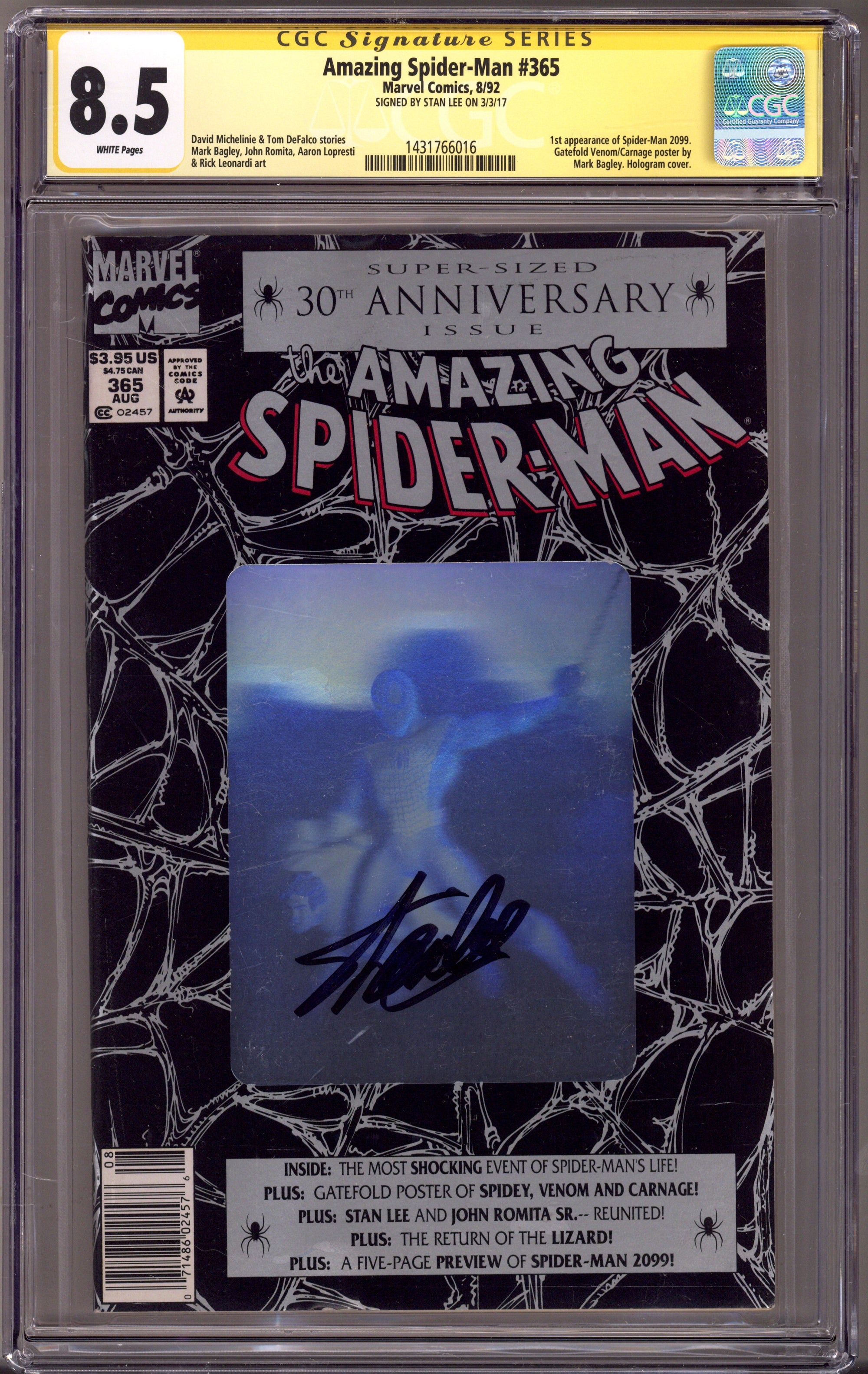 The Amazing Spider-Man Vol 1 365 CGC 8.5 (VF+) (1992) Newsstand Signed x1 Cover Stan Lee 