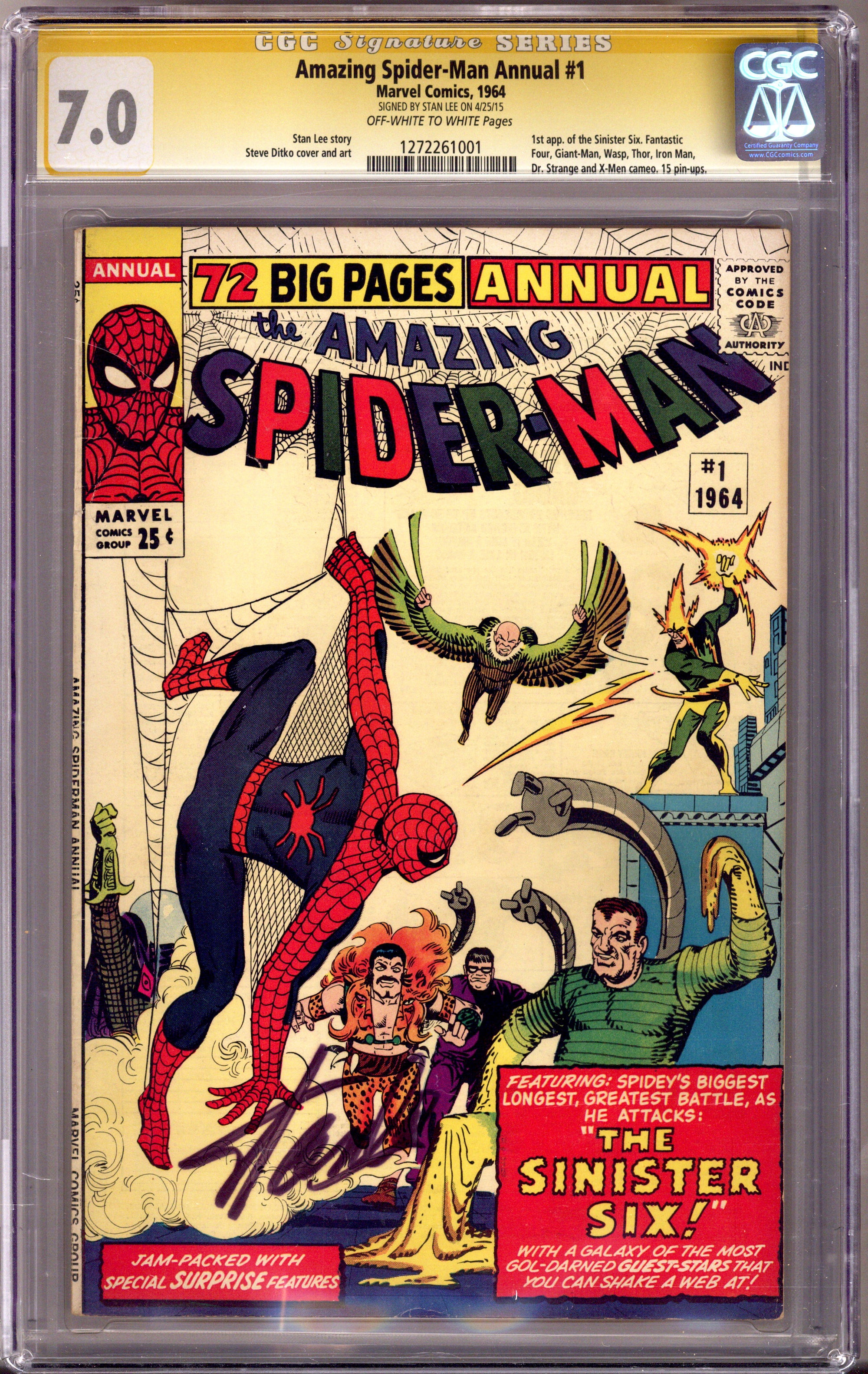The Amazing Spider-Man Annual Vol 1 1 CGC 7.0 (FN/VF) (1964) Signed x1 Cover Stan Lee 