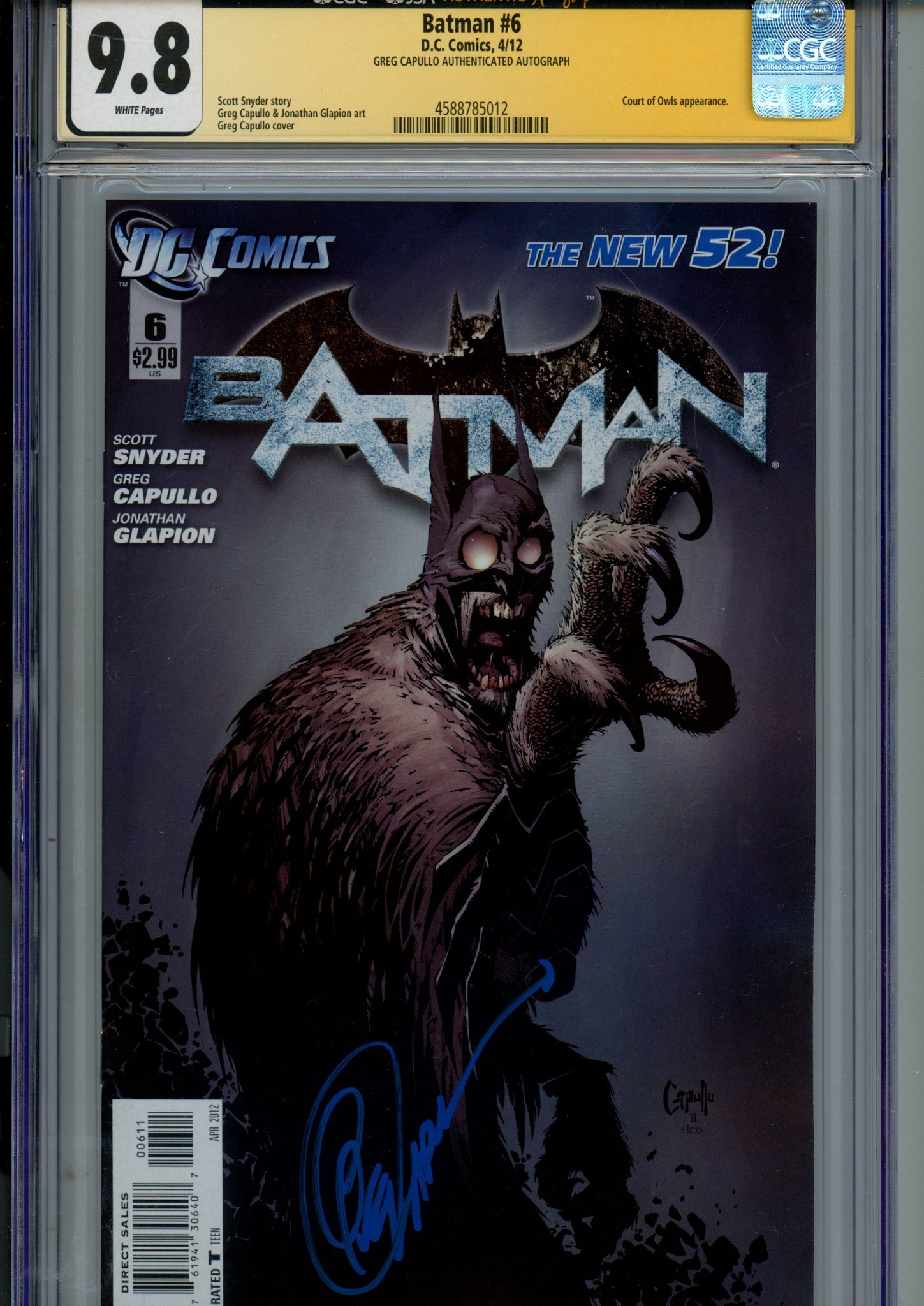 Batman Vol 2 6 CGC 9.8 (NM/M) (2012) Signed x1 Cover Greg Capullo 