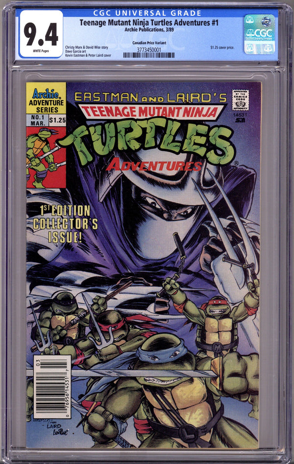 Teenage Mutant Ninja Turtles Adventures Vol 2 1 CGC 9.4 (NM) Newsstand (1989) Canadian Price Variant