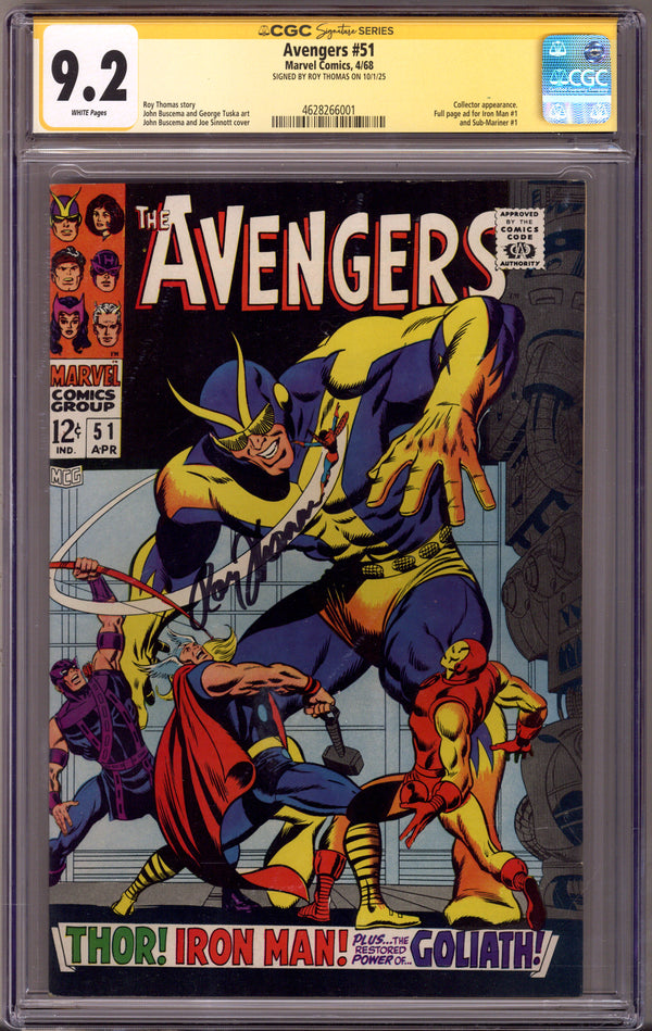 The Avengers Vol 1 51 CGC 9.2 (NM-) (1968) Signed x1 Cover Roy Thomas