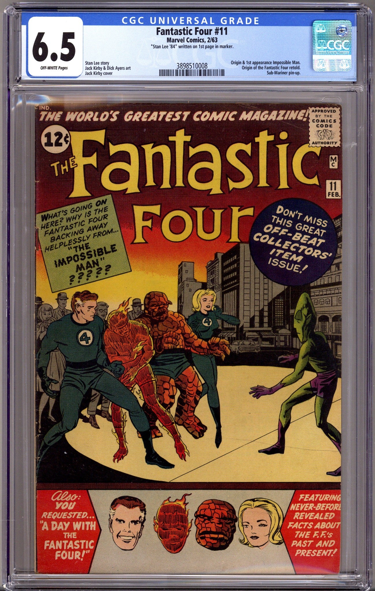 Fantastic Four Vol 1 11 CGC 6.5 (FN+) (1963) Signed x1 1st Page Stan Lee 