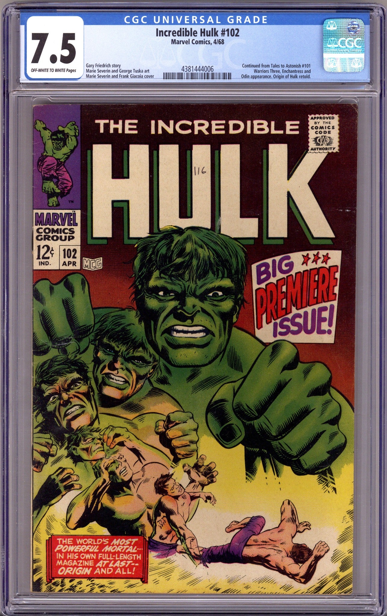 The Incredible Hulk Vol 1 102 CGC 7.5 (VF-) (1968) 