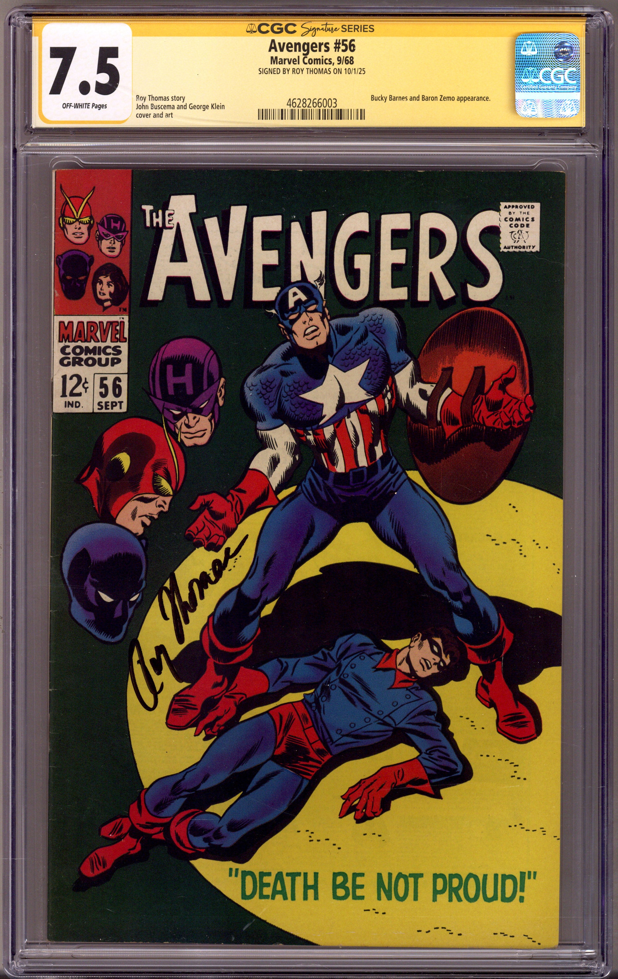 The Avengers Vol 1 56 CGC 7.5 (VF-) (1968) Signed x1 Cover Roy Thomas 
