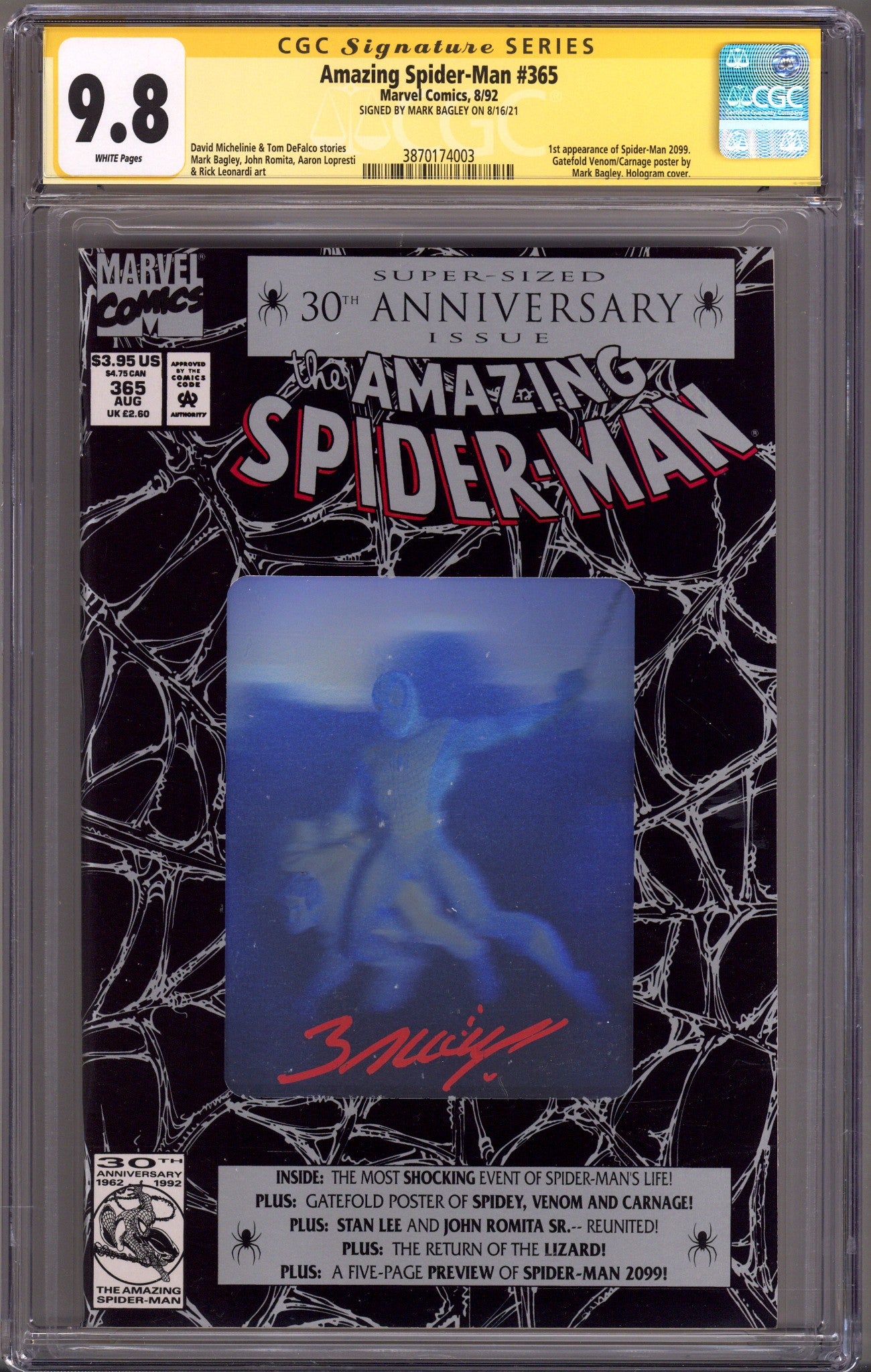 The Amazing Spider-Man Vol 1 365 CGC 9.8 (NM/M) (1992) Signed x1 Cover Mark Bagley 