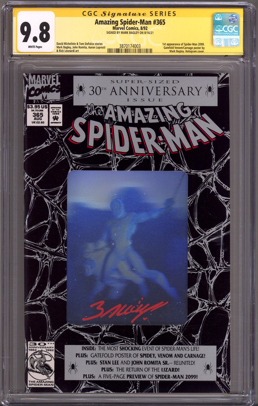 The Amazing Spider-Man Vol 1 365 CGC 9.8 (NM/M) (1992) Signed x1 Cover Mark Bagley 