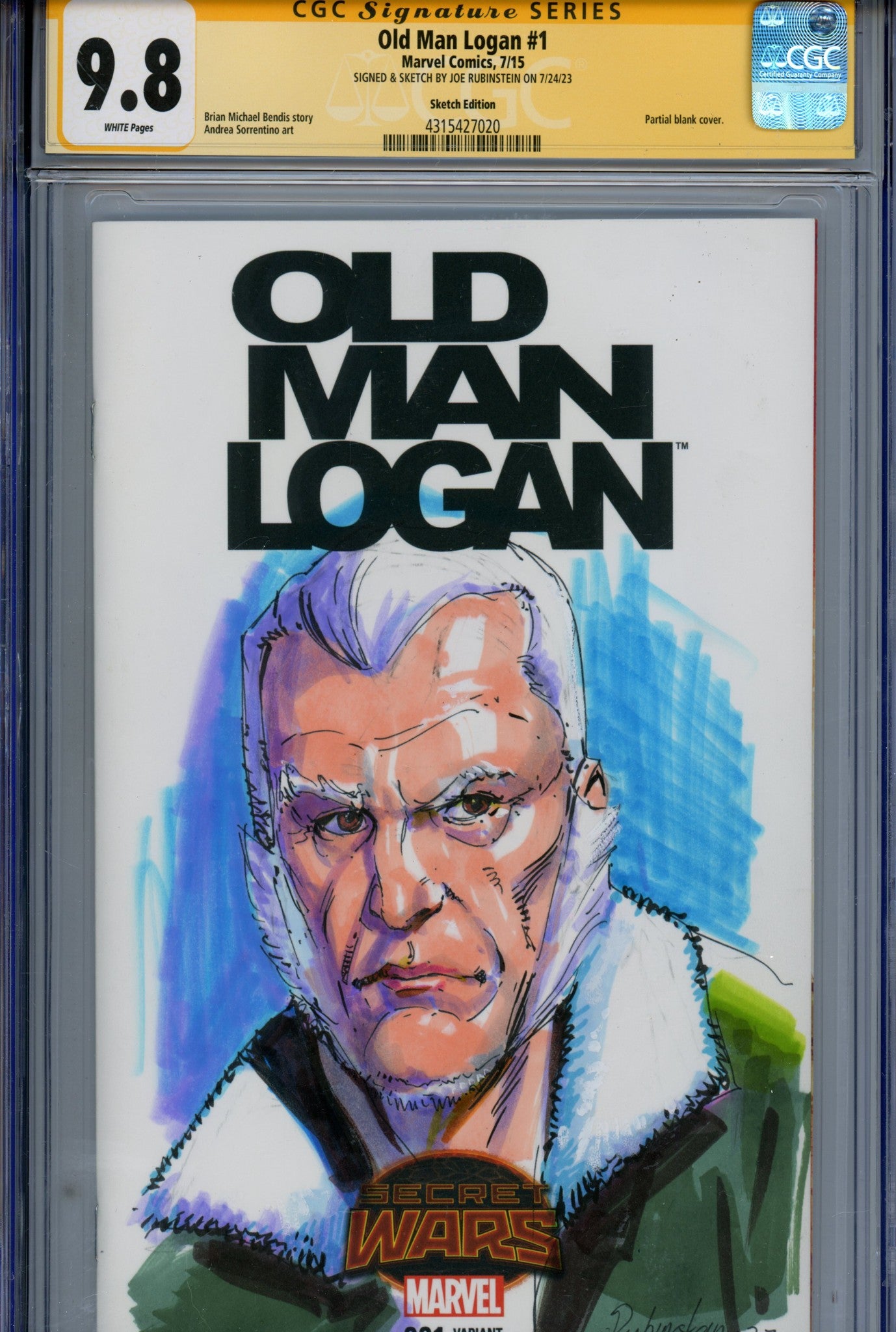 Old Man Logan Vol 1 1 Blank Variant CGC 9.8 Signed / Remarked Joe Rubinstein (2015)