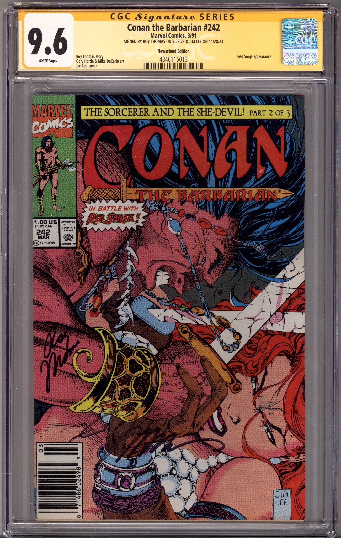 Conan the Barbarian Vol 1 242 CGC 9.6 (NM+) (1991) Newsstand Signed x2 Cover Roy Thomas & Jim Lee