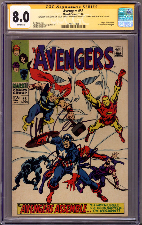The Avengers Vol 1 58 CGC 8.0 (VF) (1968) Signed x3 Cover Chris Evan, Robert Downey Jr. & Chris Hemsworth