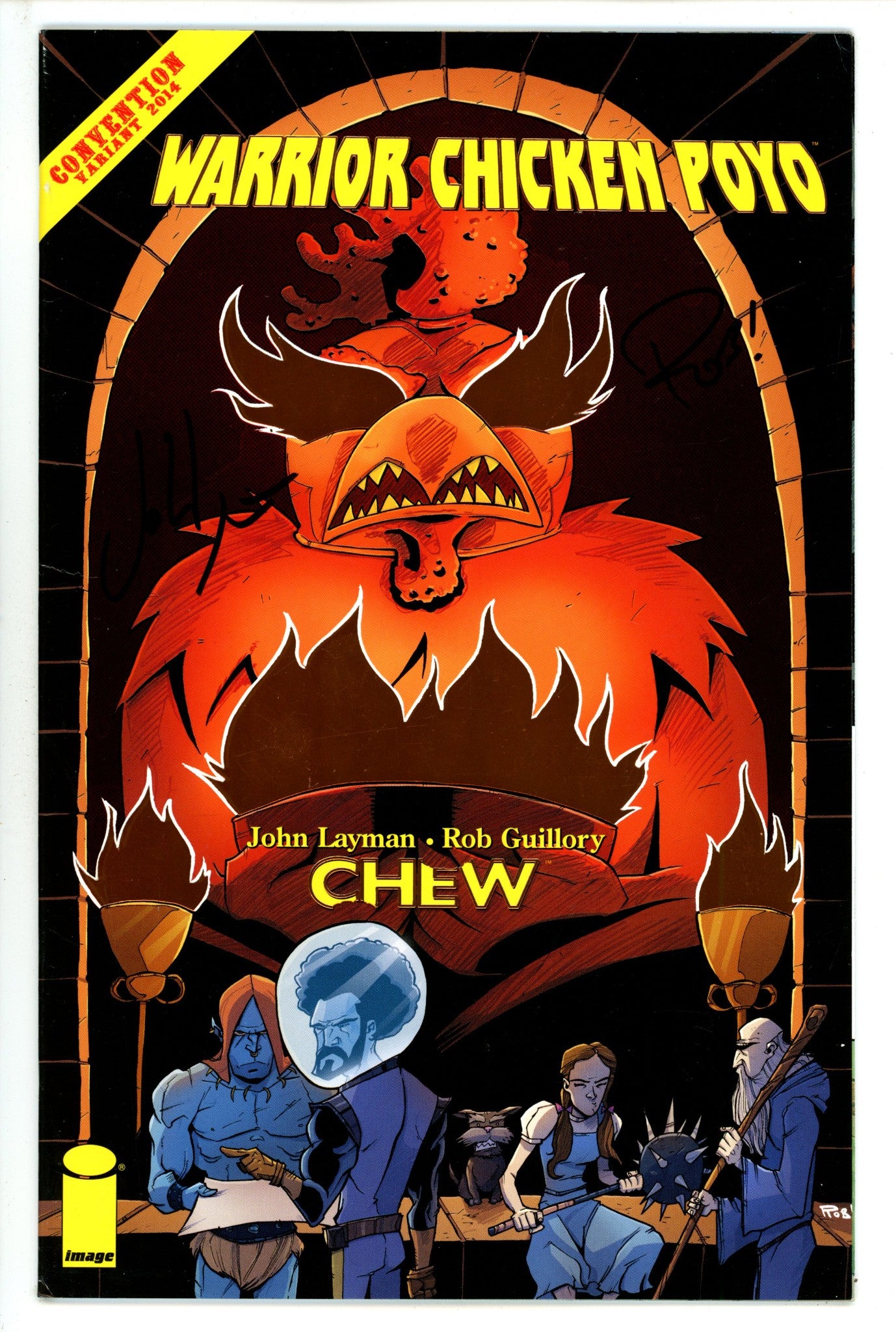 Chew: Warrior Chicken Poyo 1 FN (6.0) (2014) Guillory Gold Foil Convention Variant Signed x2 Cover John Layman & Rob Guillory 