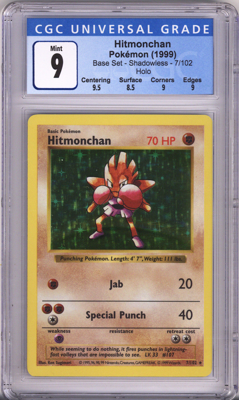 Pokemon Base Set Hitmonchan Shadowless CGC Mint 9 (1999)