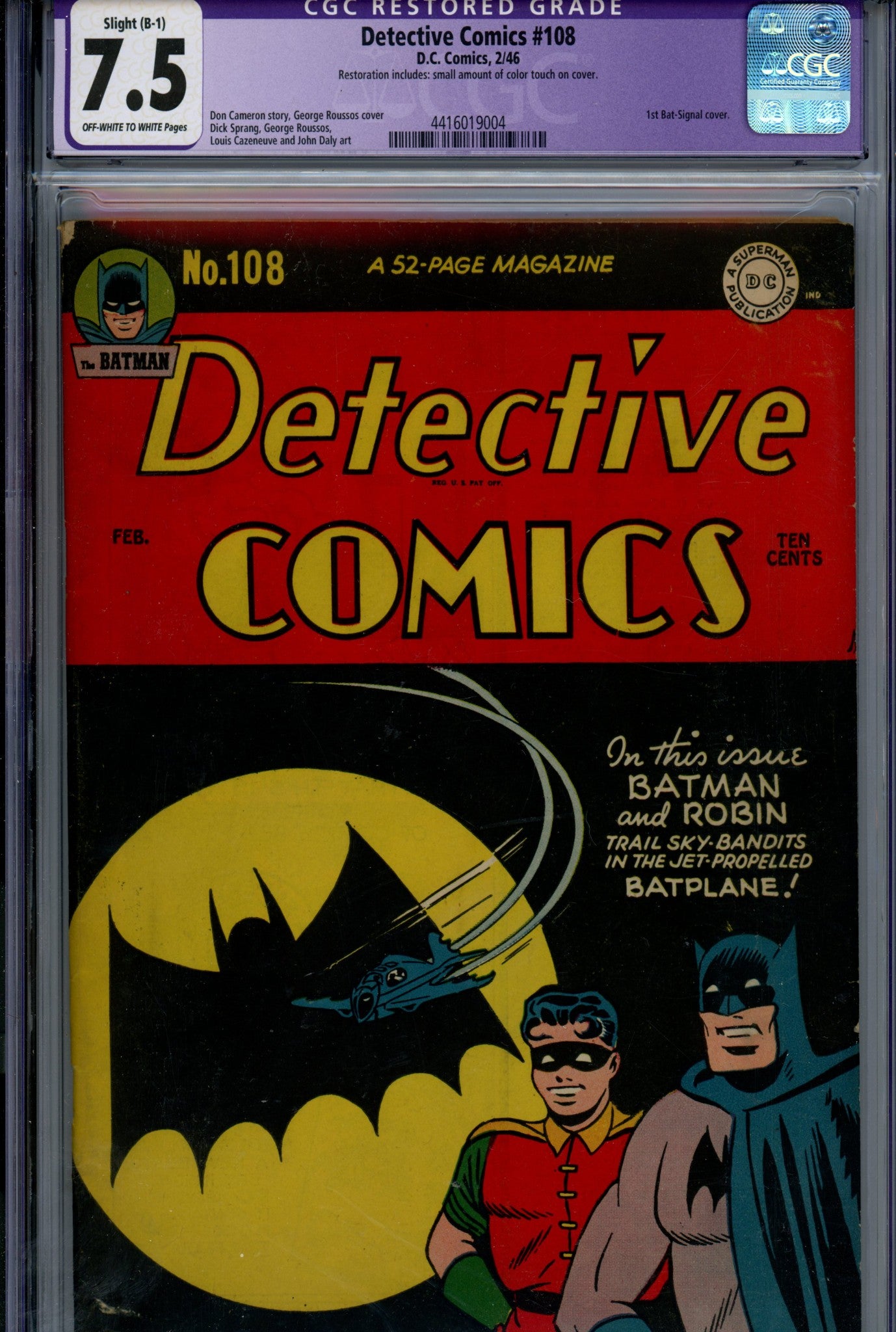 Detective Comics Vol 1 108 CGC 7.5 (VF-) Restored (1946) 