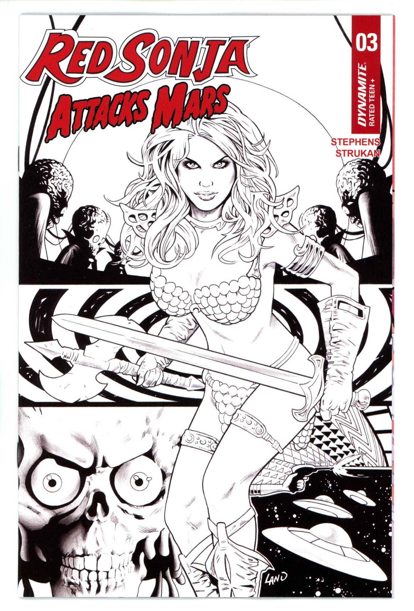 Red Sonja Attacks Mars 3 Land B&W Incentive Variant (2025)