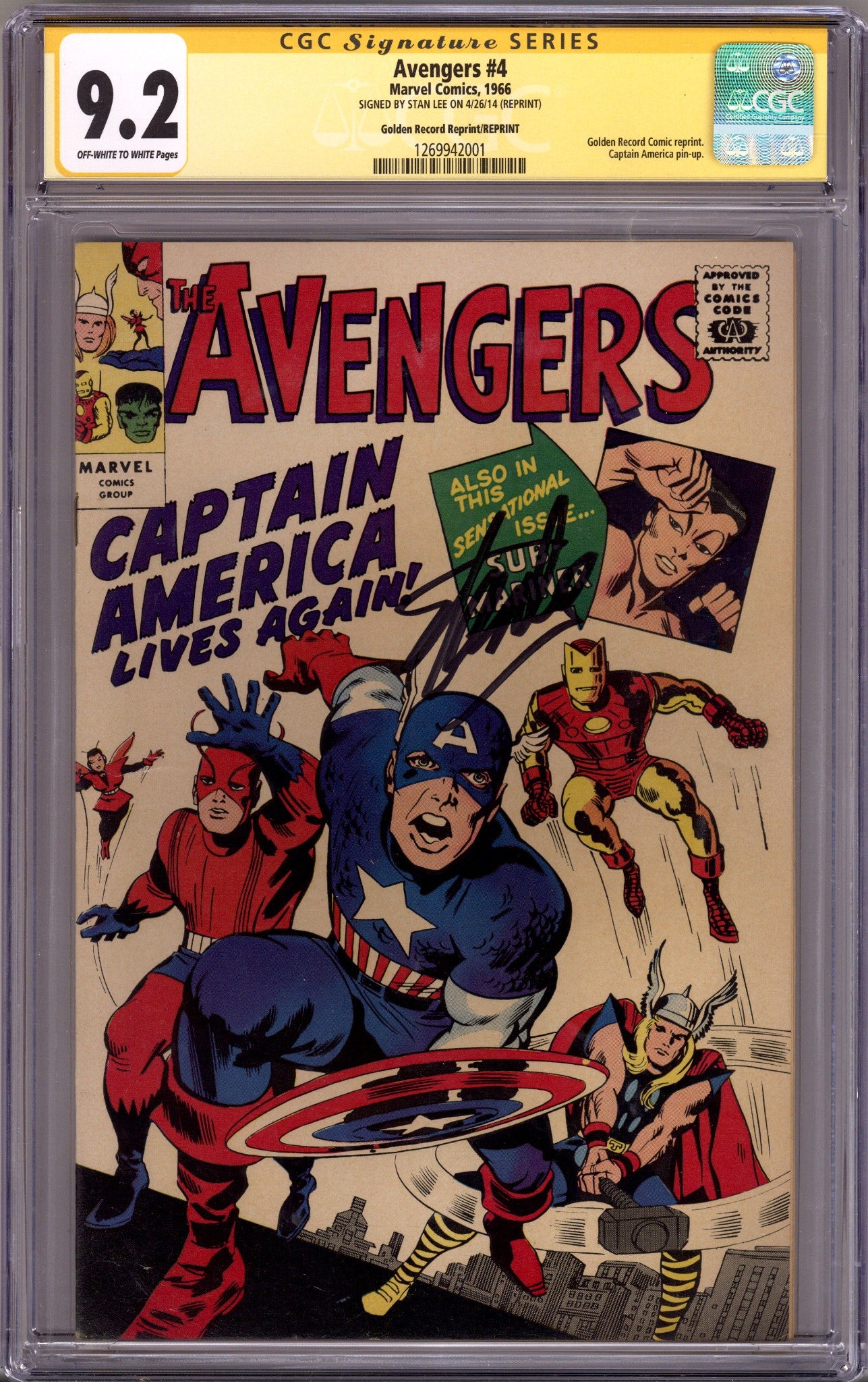 The Avengers Vol 1 4 CGC 9.2 (NM-) Golden Record (1966) Signed x1 Cover Stan Lee