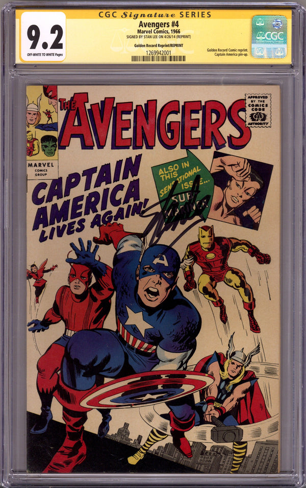 The Avengers Vol 1 4 CGC 9.2 (NM-) Golden Record (1966) Signed x1 Cover Stan Lee