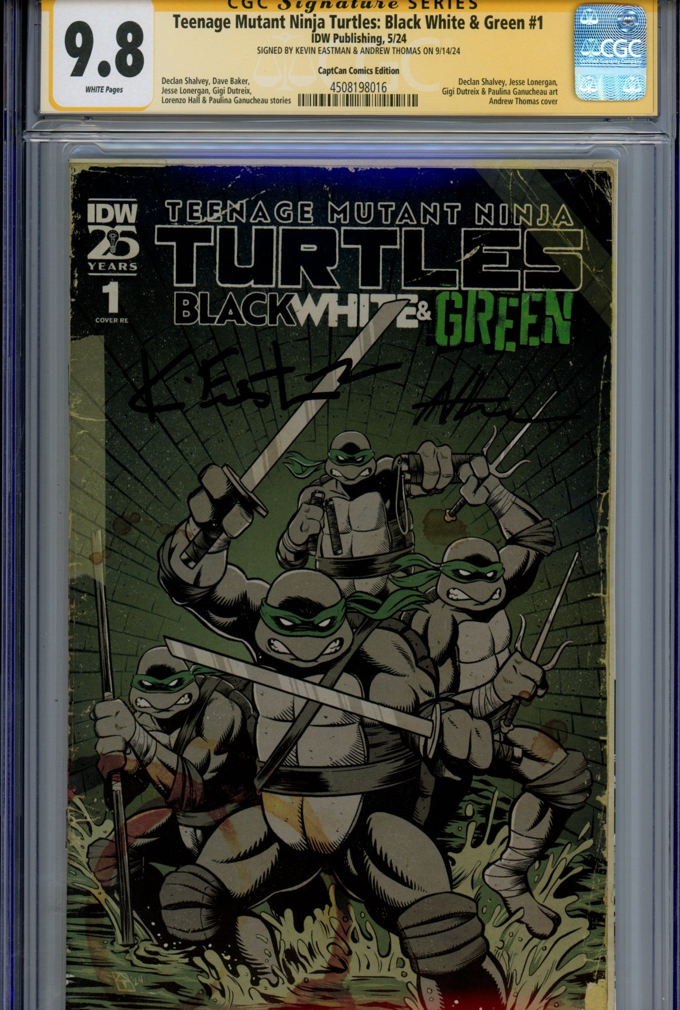Teenage Mutant Ninja Turtles: Black White & Green 1 CGC 9.8 (NM/M) (2024) Thomas Exclusive Variant Signed x2 Cover Kevin Eastman & Andrew Thomas 