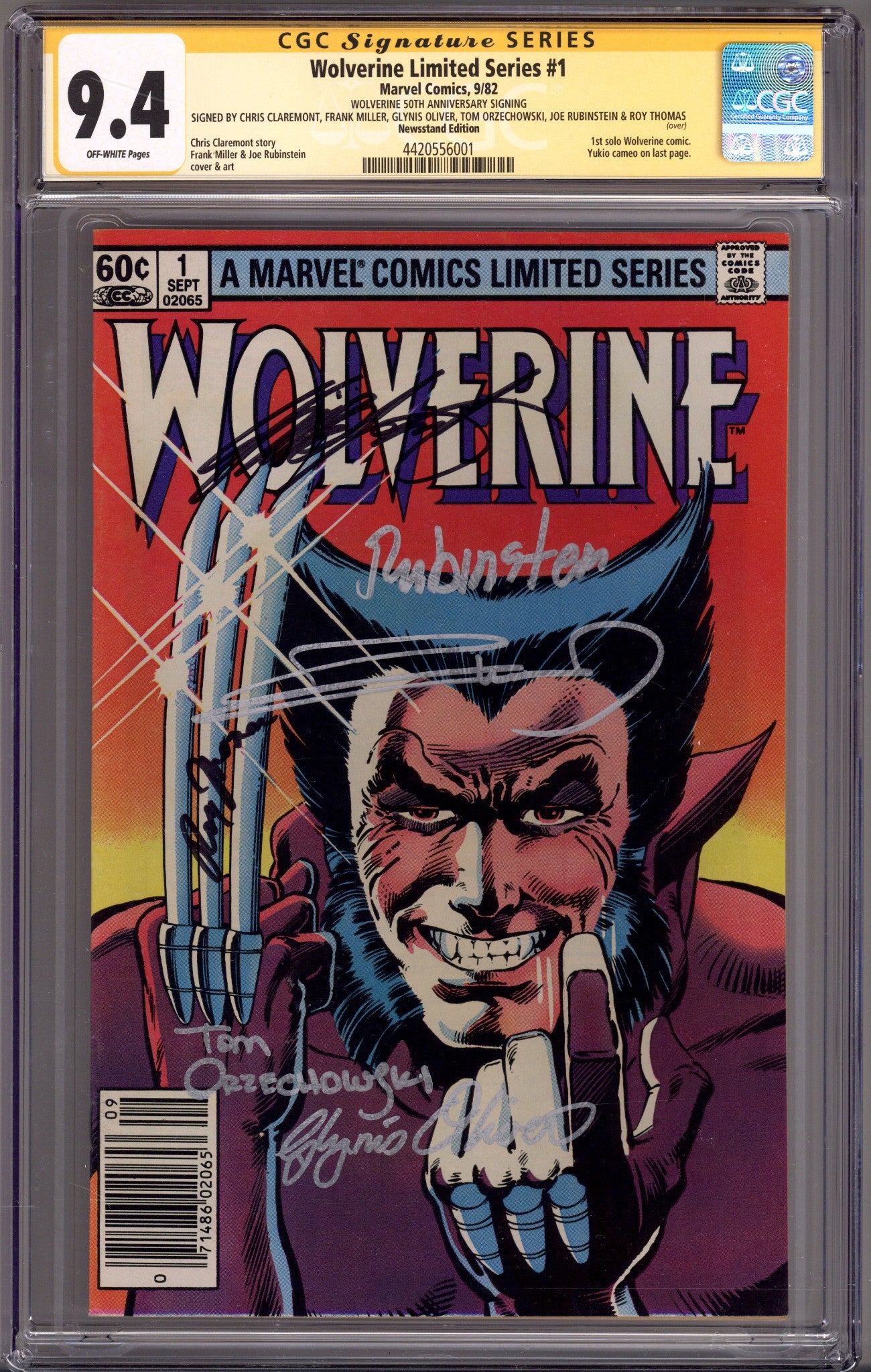 Wolverine Vol 1 1 CGC 9.4 (NM) (1982) Newsstand Signed x6 Cover Claremont, Miller, Thomas, Rubinstein, Oliver & Orzechowski 