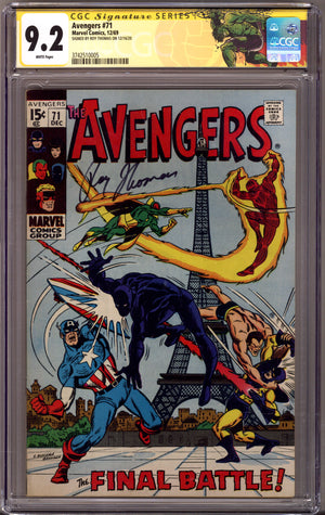 The Avengers Vol 1 71 CGC 9.2 (NM-) (1969) Signed x1 Cover Roy Thomas