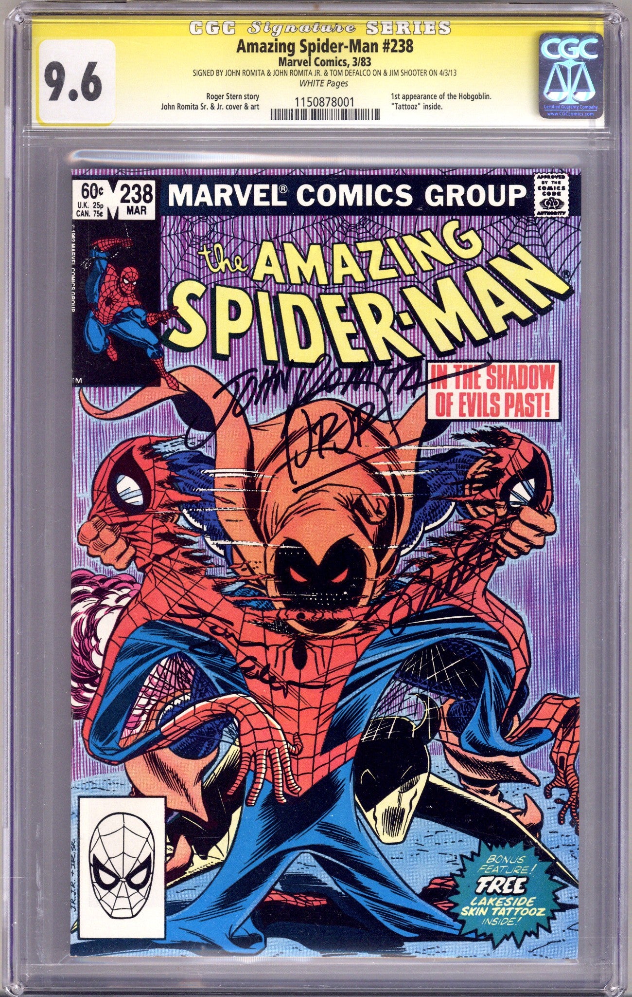 The Amazing Spider-Man Vol 1 238 CGC 9.6 (NM+) (1983) Signed x4 Cover Romita Sr. & Jr., Defalco & Shooter 