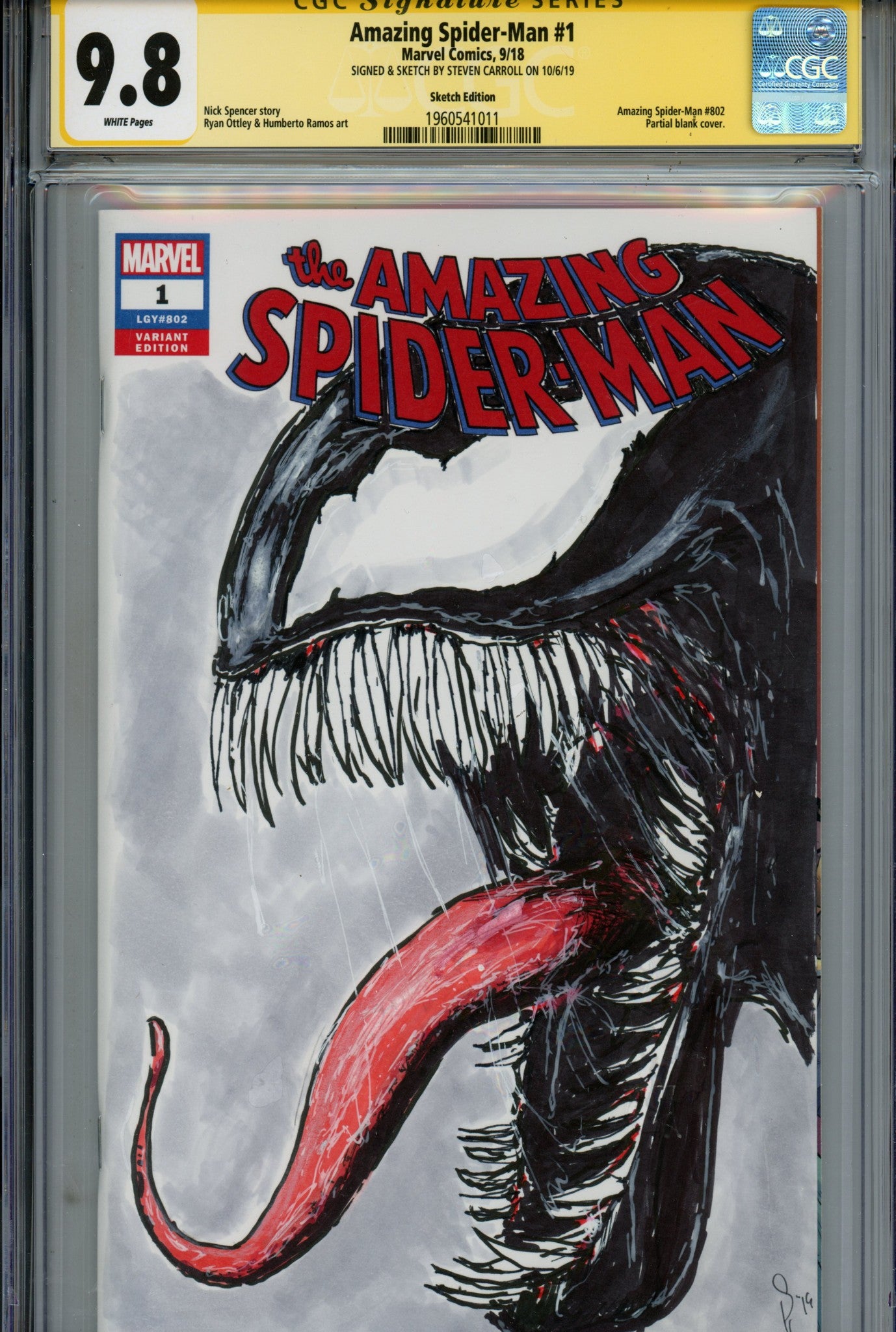 Amazing Spider-Man Vol 5 1 (802) CGC 9.8 (NM/M) (2018) Blank Variant Signed / Remarked x1 Cover Steven Carrol 