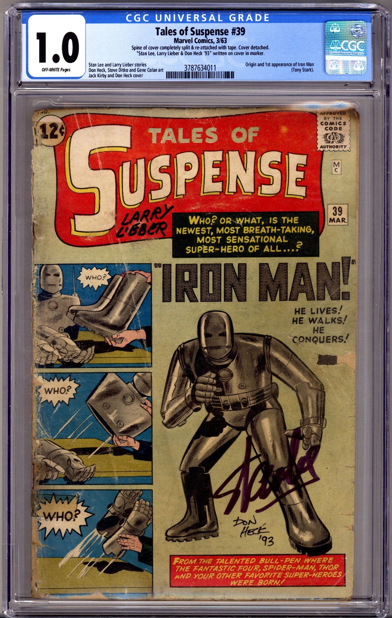 Tales of Suspense Vol 1 39 CGC 1.0 (FR) Spine Reattached W/ Tape, Cvr Detached (1963) Signed x3 Cover Stan Lee, Lieber, Heck 