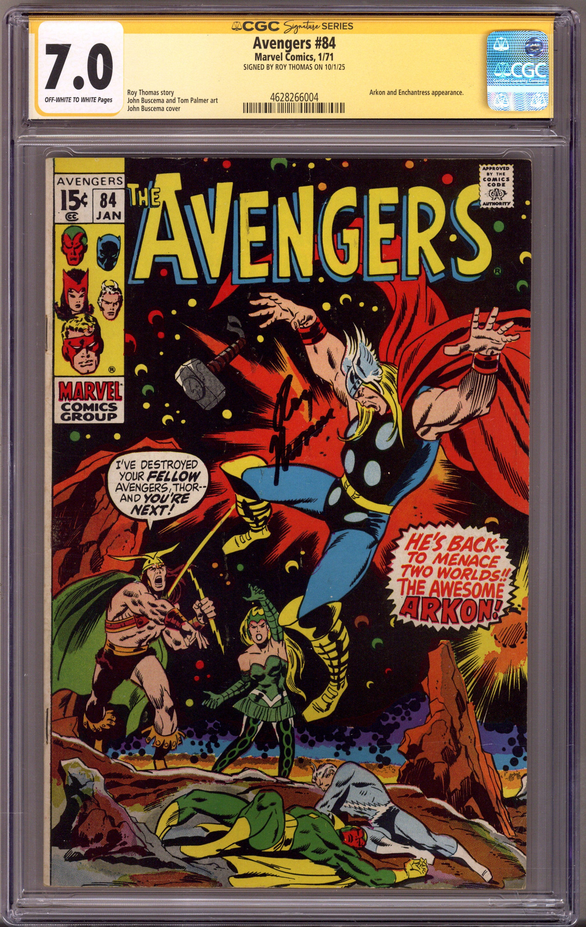 The Avengers Vol 1 84 CGC 7.0 (FN/VF) (1971) Signed x1 Cover Roy Thomas 