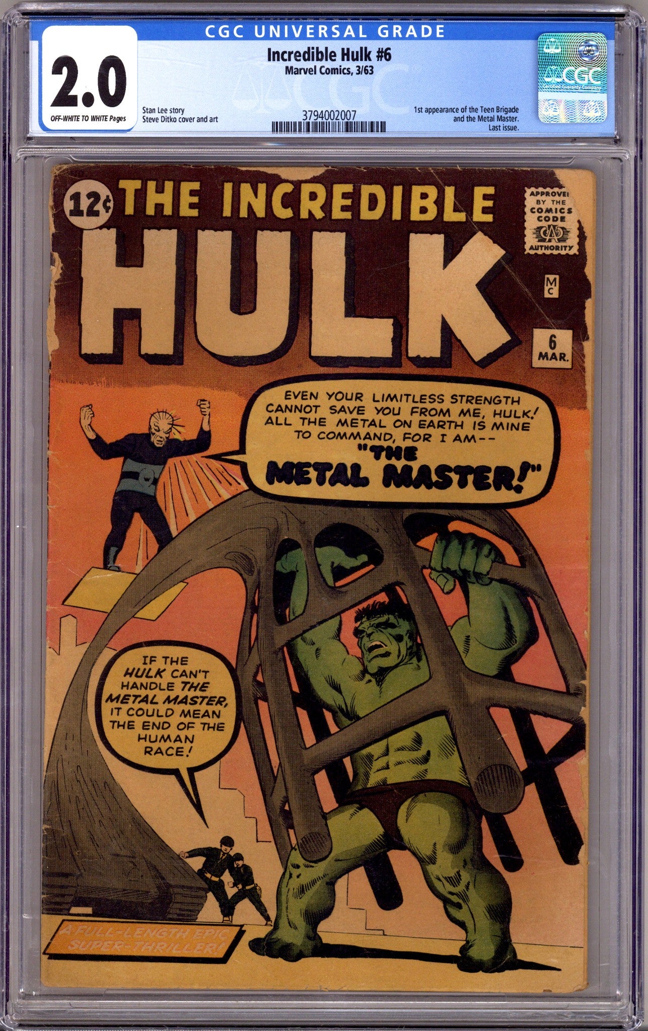 The Incredible Hulk Vol 1 6 CGC 2.0 (GD) (1963) 