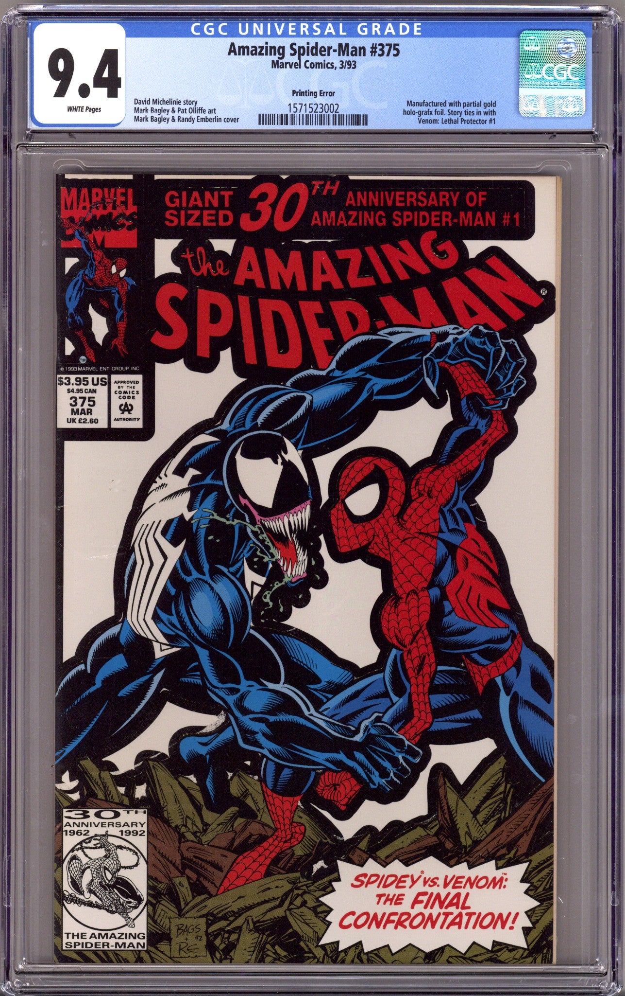 The Amazing Spider-Man Vol 1 375 CGC 9.4 (NM) Error, Manufactured Without Gold Foil (1993) 
