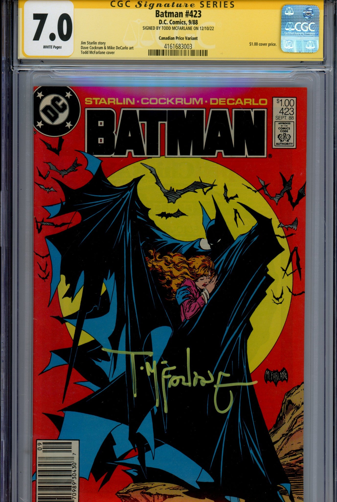 Batman Vol 1 423 CGC 7.0 (FN/VF) (1988) Canadian Price Variant Signed x1 Cover Todd McFarlane 