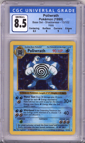 Pokemon Base Set Poliwrath Shadowless CGC Nm/Mint Plus 8.5 (1999)
