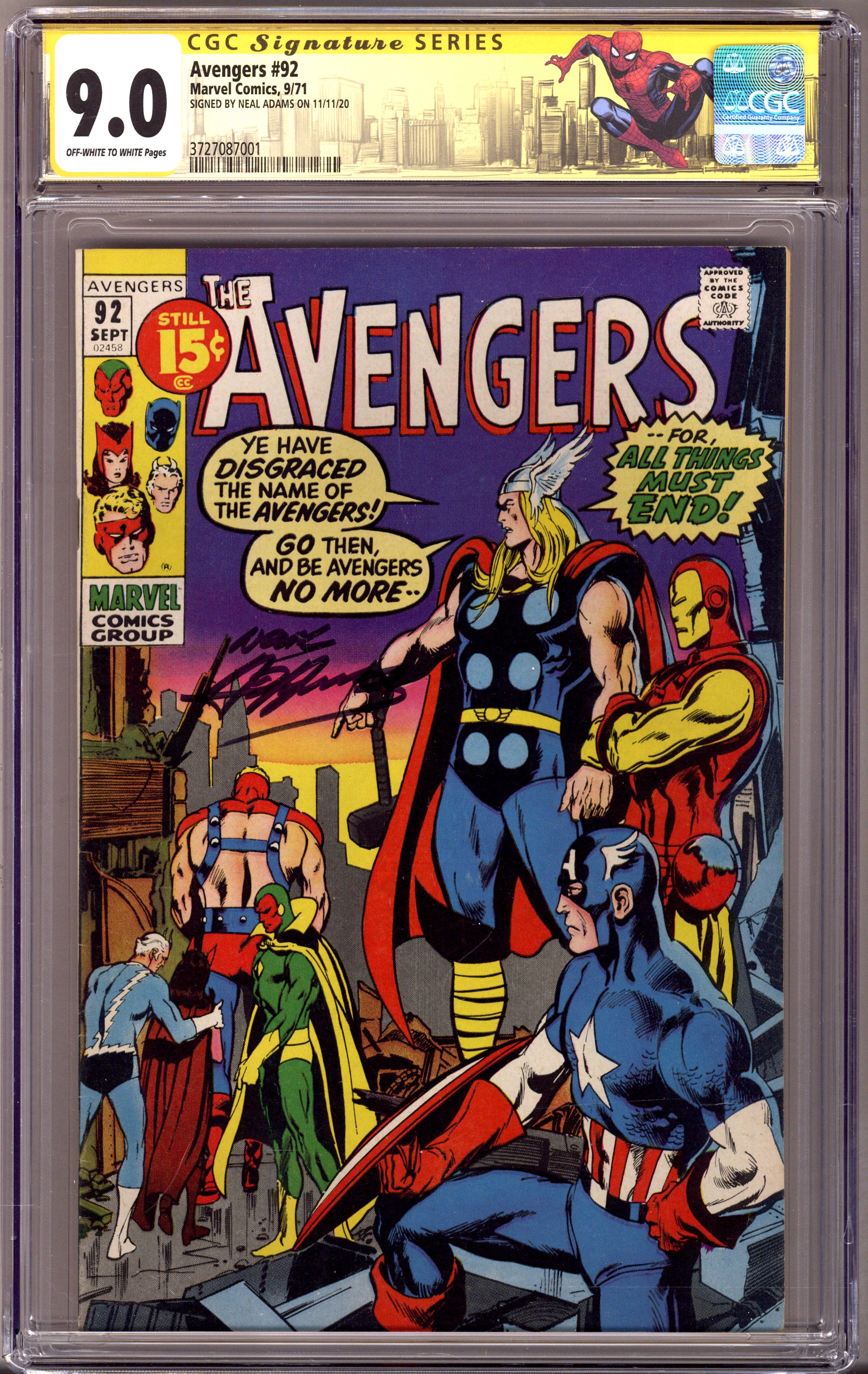 The Avengers Vol 1 92 CGC 9.0 (VF/NM) (1971) Signed x1 Cover Neal Adams 