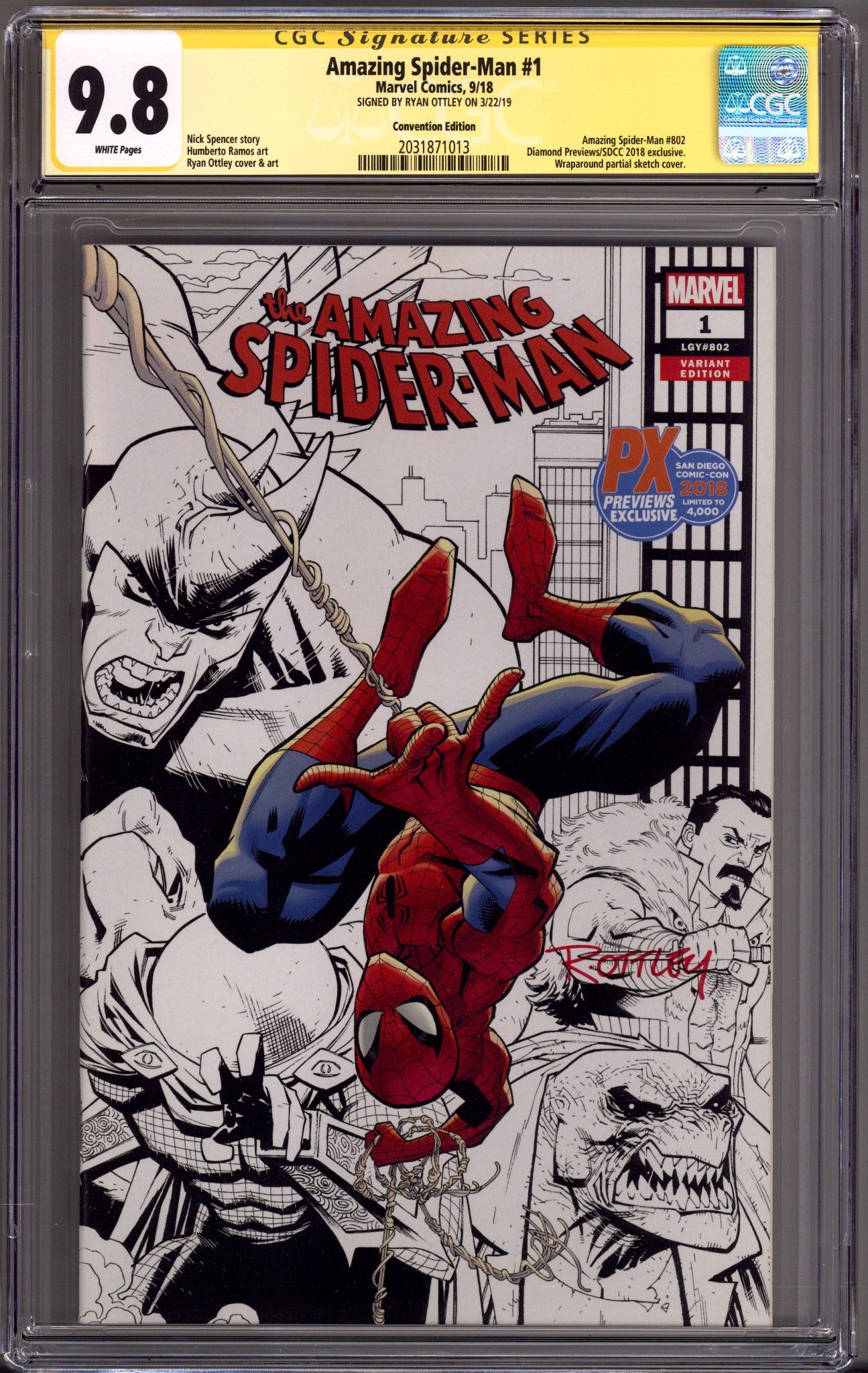 Amazing Spider-Man Vol 5 1 (802) CGC 9.8 (NM/M)   (2018) Ottley Previews   Exclusive Variant  Signed x1 Cover Ryan Ottley 