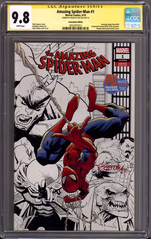 Amazing Spider-Man Vol 5 1 (802) CGC 9.8 (NM/M) (2018) Ottley Previews Exclusive Variant Signed x1 Cover Ryan Ottley