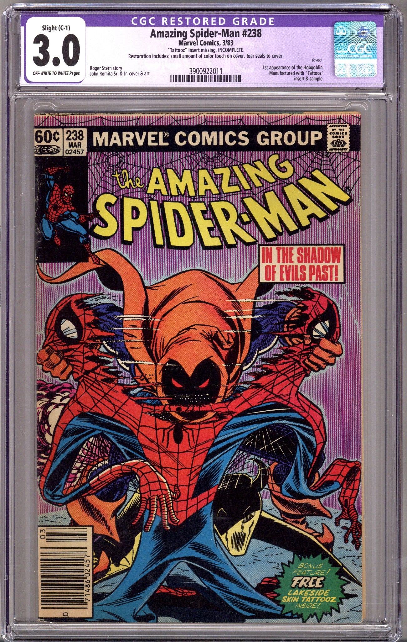 The Amazing Spider-Man Vol 1 238 CGC 3.0 (GD/VG) Restored, No Tattooz (1983) Newsstand 