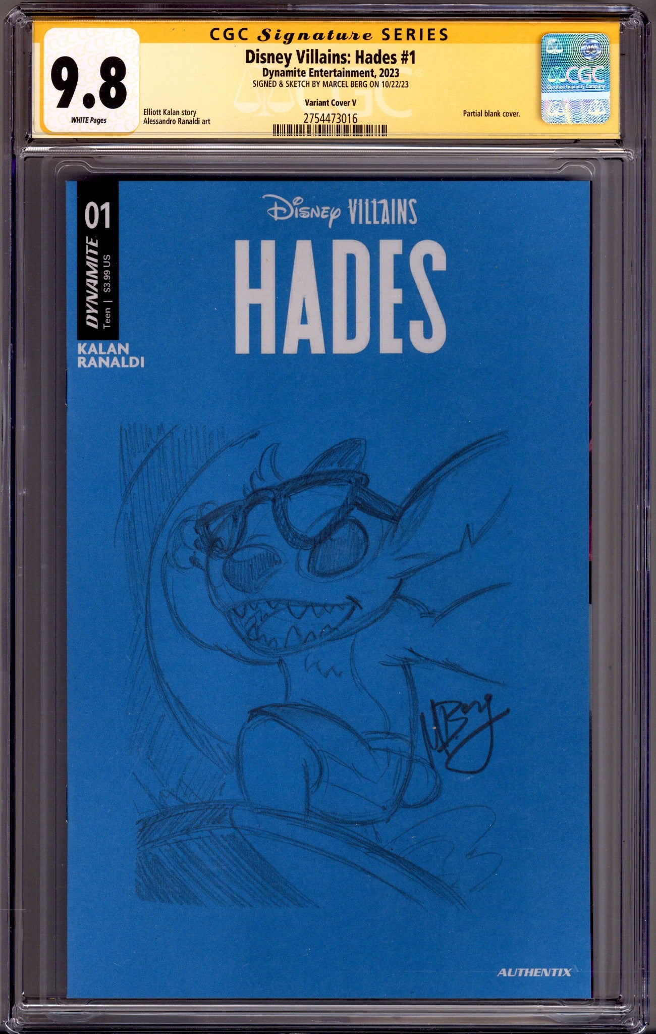 Disney Villains: Hades 1 CGC 9.8 (NM/M) Stitch Sketch (2023) Blank Variant Signed x1 Cover Marcel Berg 