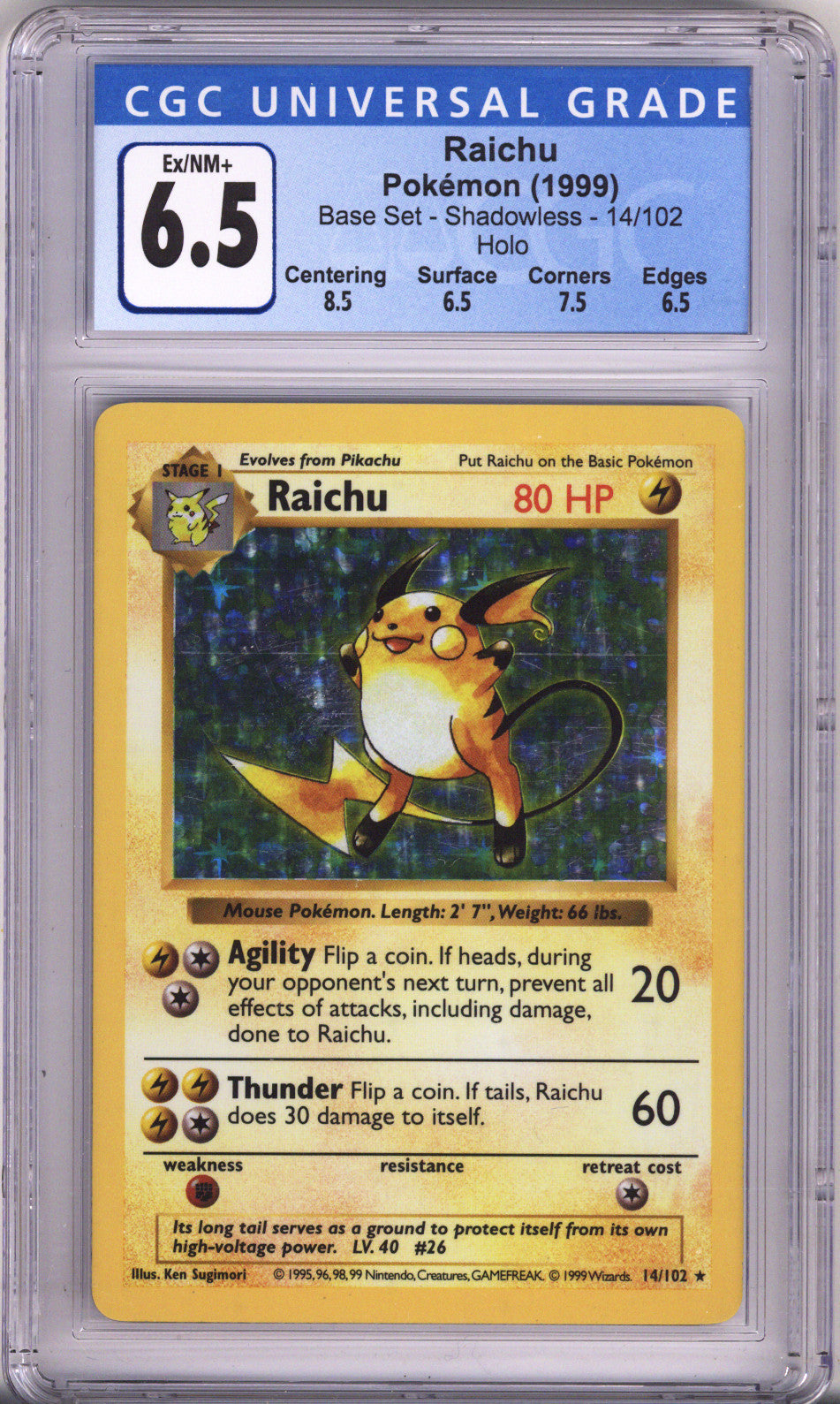 Pokemon Base Set Raichu Holo Shadowless CGC Ex/Nm Plus 6.5 (1999)