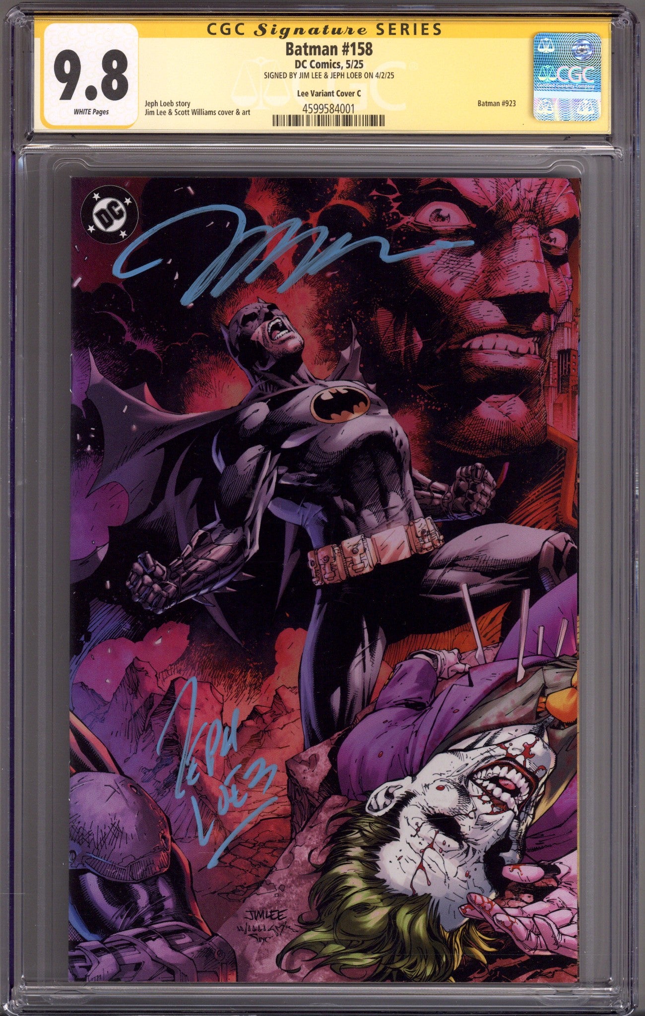 Batman Vol 3 158 CGC 9.8 (NM/M) (2025) Lee Incentive Variant Signed x2 Cover Jim Lee & Jeph Loeb 