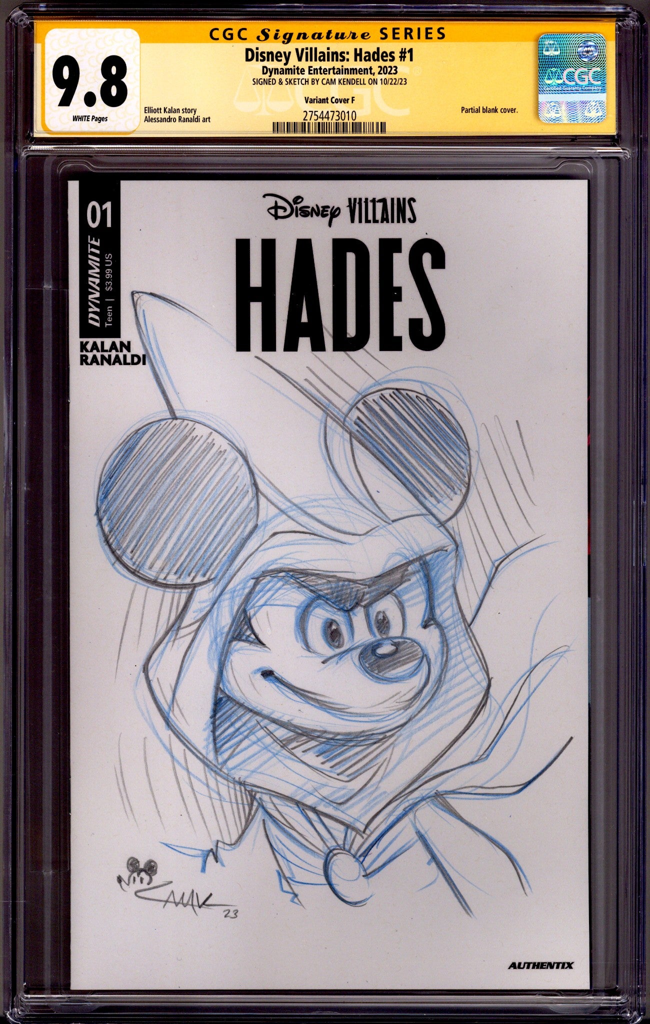 Disney Villains: Hades 1 CGC 9.8 (NM/M) Wayward Sorcerer Mickey Sketch (2023) Blank Variant Signed x1 Cover Cam Kendell 