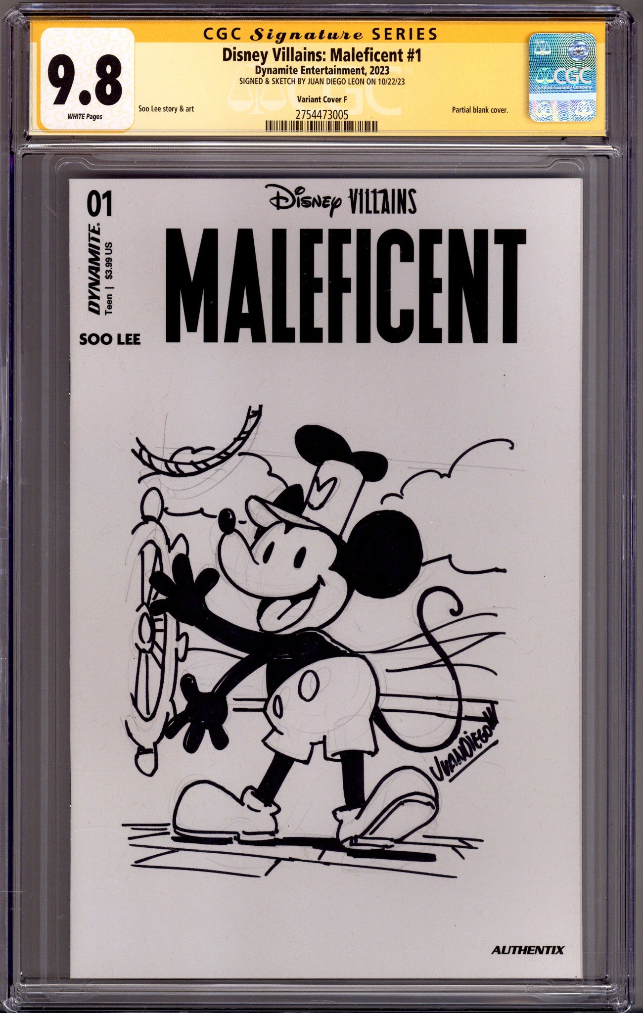 Disney Villains: Maleficent 1 CGC 9.8 (NM/M) Steamboat Mickey Sketch (2023) Blank Variant Signed x1 Cover Juan Diego Leon 