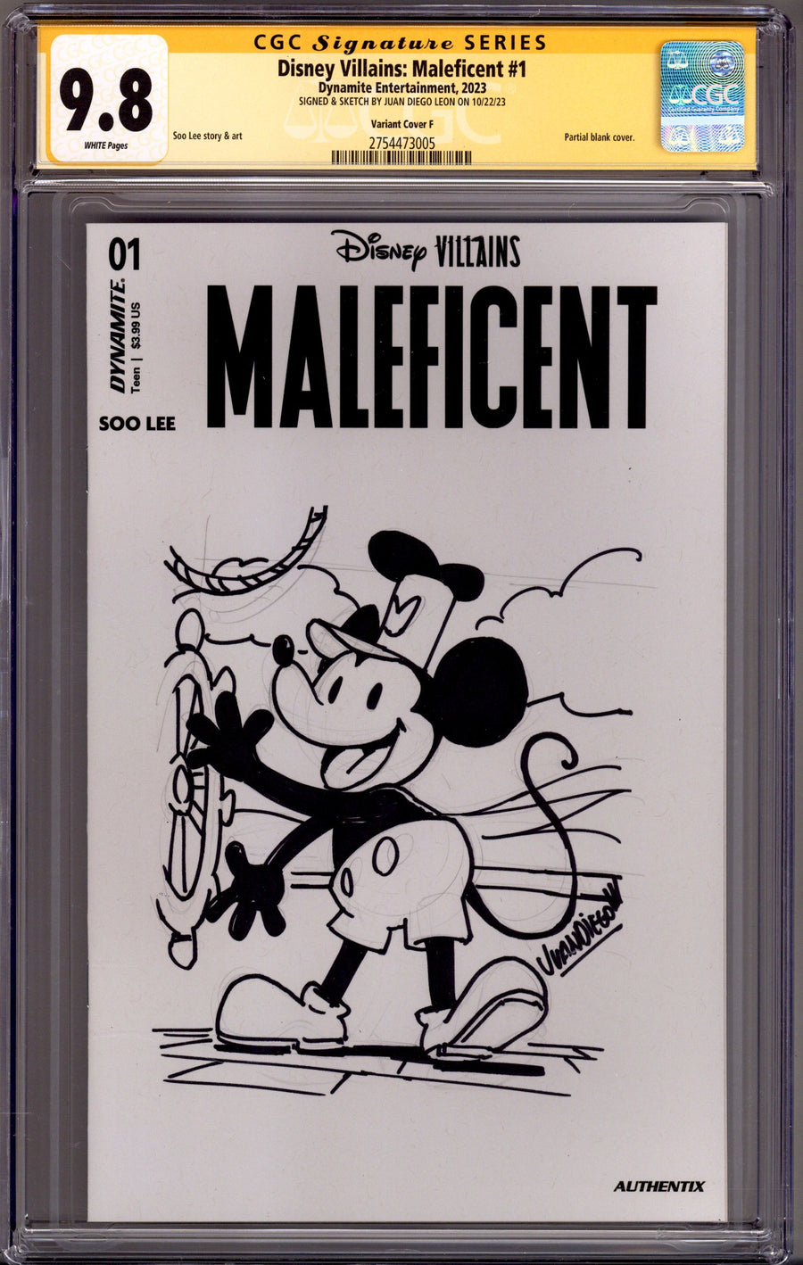 Disney Villains: Maleficent 1 CGC 9.8 (NM/M) Steamboat Mickey Sketch (2023) Blank Variant Signed x1 Cover Juan Diego Leon 