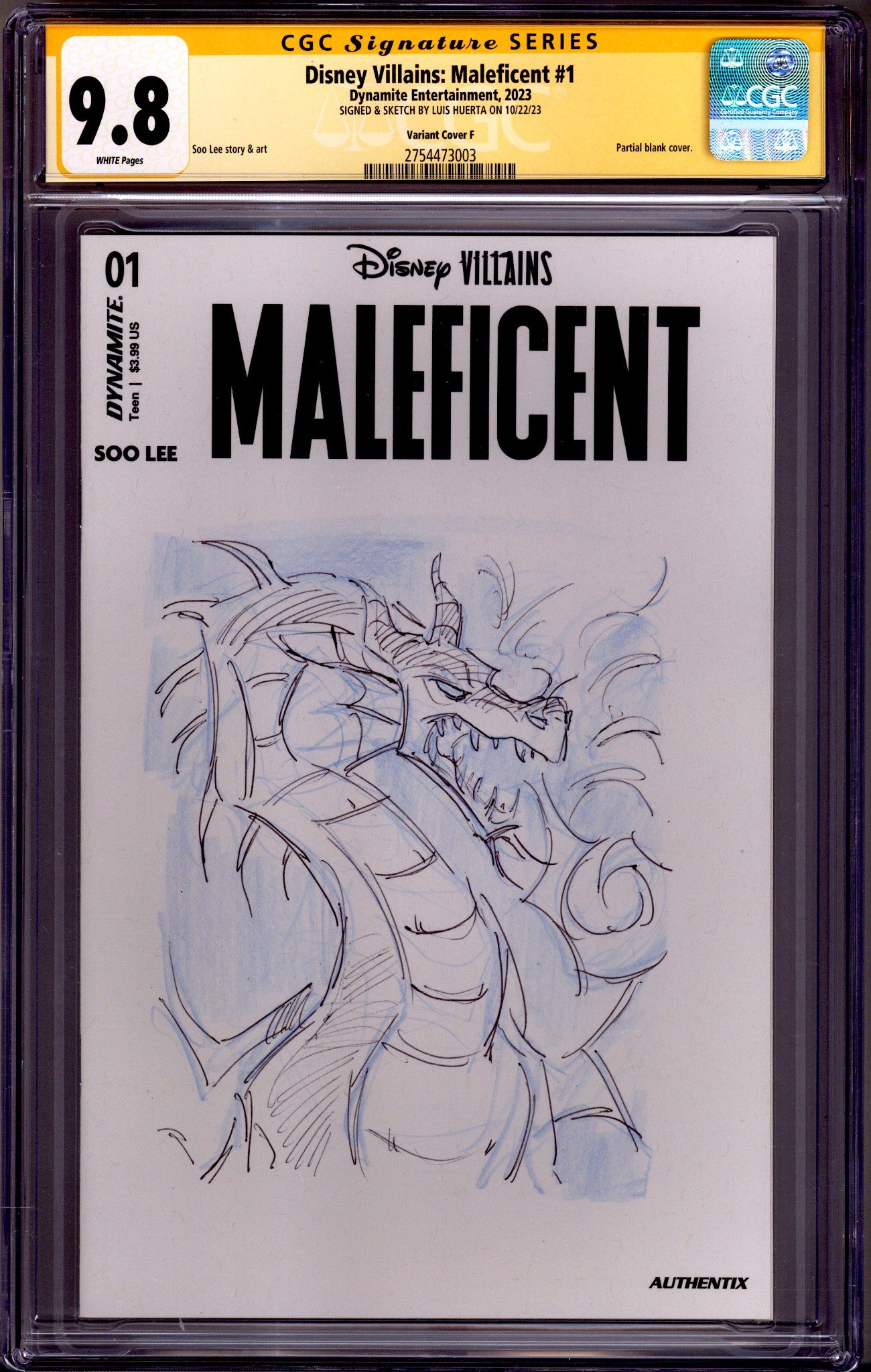 Disney Villains: Maleficent 1 CGC 9.8 (NM/M) Dragon Sketch (2023) Blank Variant Signed x1 Cover Luis Huerta 