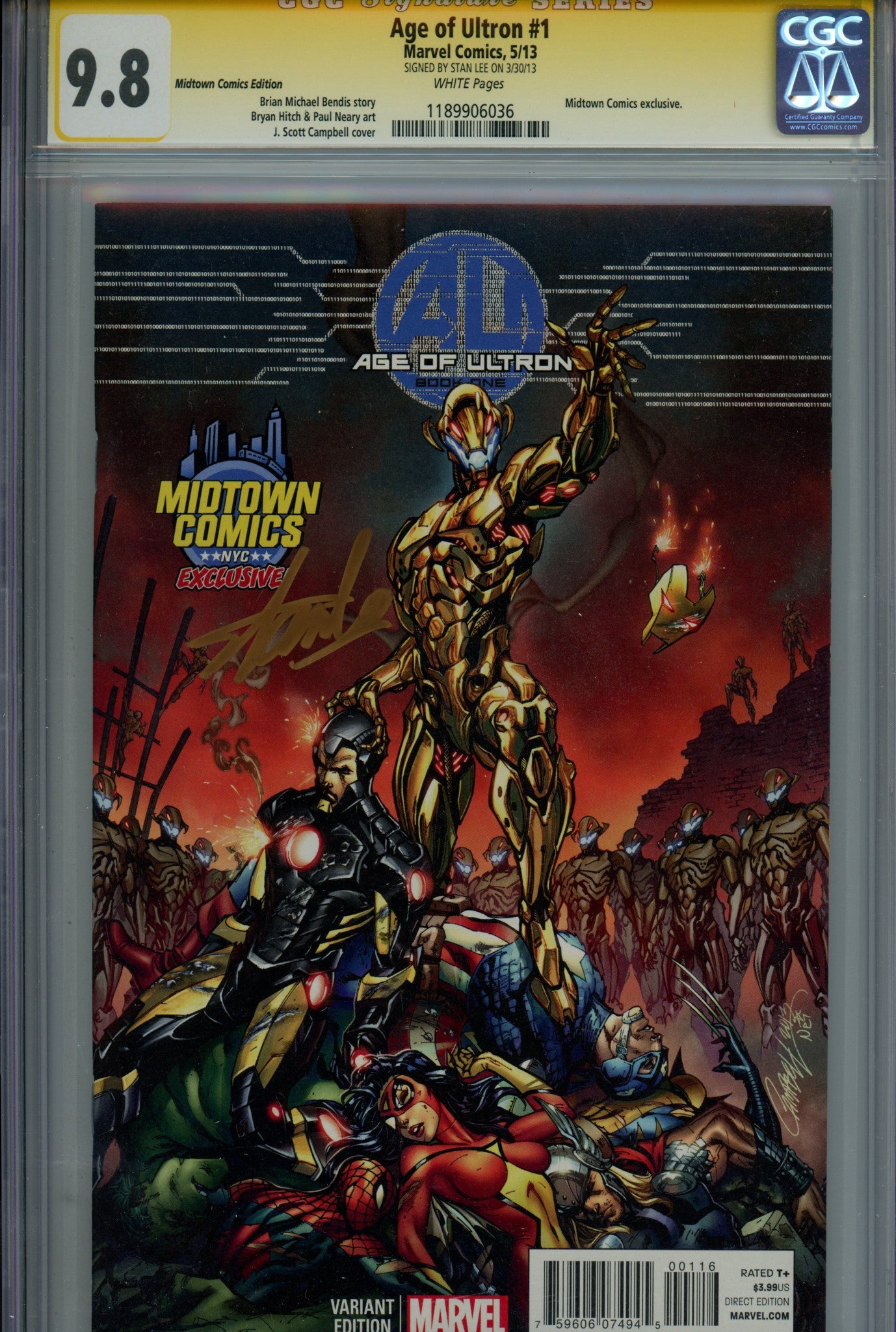Age of Ultron 1 CGC 9.8 (NM/M) (2013) Campbell Exclusive Variant Signed x1 Cover Stan Lee 
