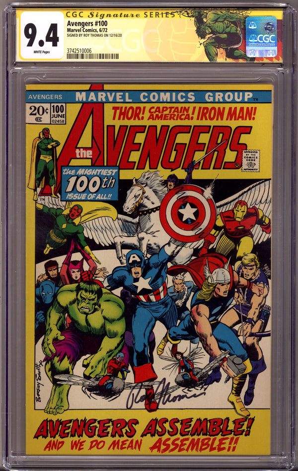 The Avengers Vol 1 100 CGC 9.4 (NM) (1972) Signed x1 Cover Roy Thomas