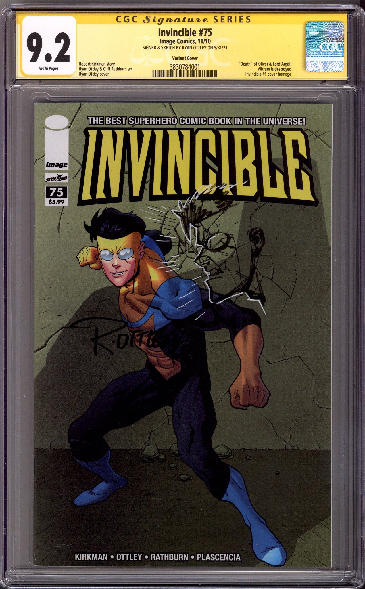 Invincible 75 CGC 9.2 (NM-) Invincible Sketch (2010) Ottley Incentive Variant Signed / Remarked x1 Cover Ryan Ottley 