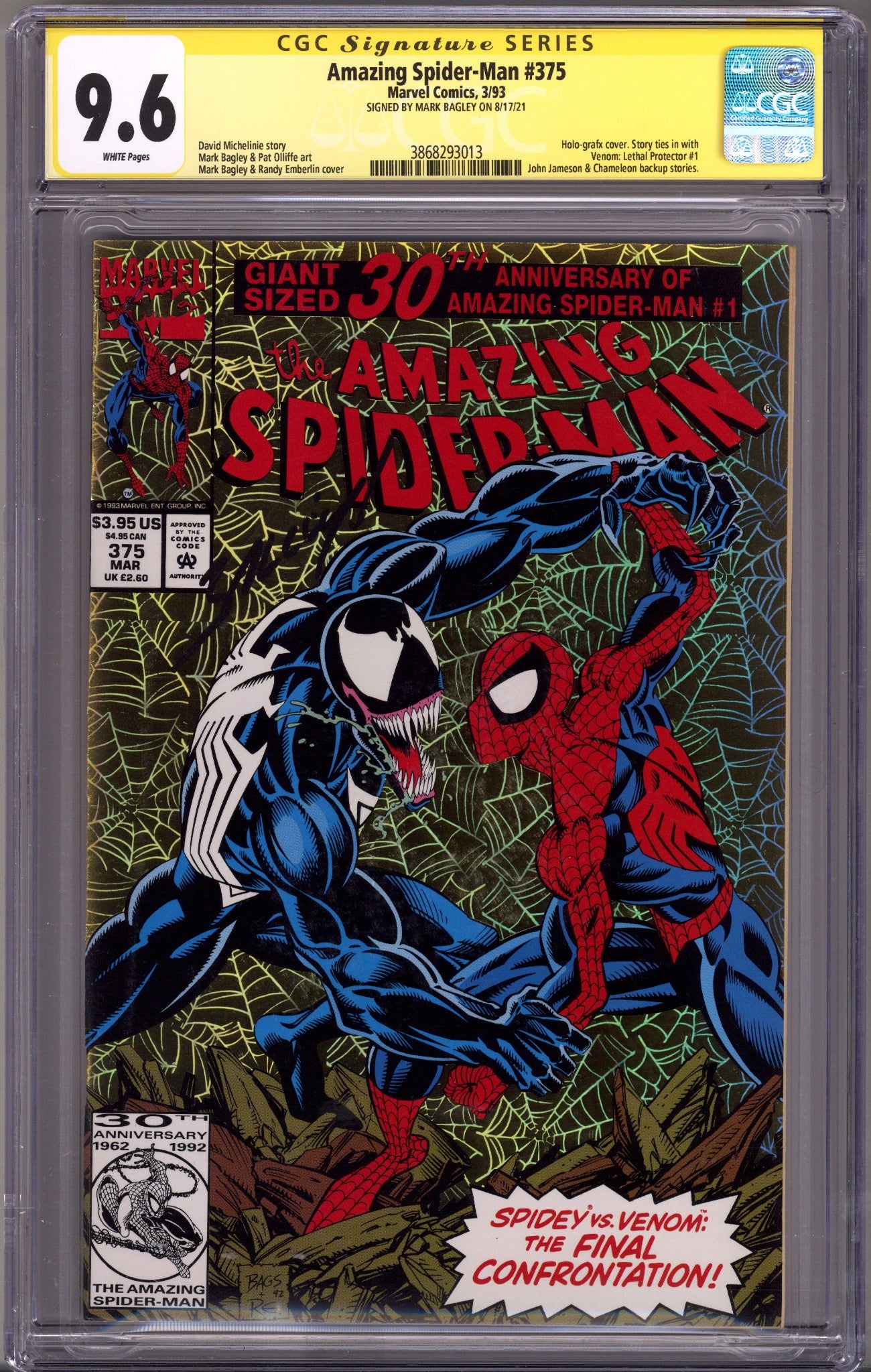 The Amazing Spider-Man Vol 1 375 CGC 9.6 (NM+) (1993) Signed x1 Cover Mark Bagley 