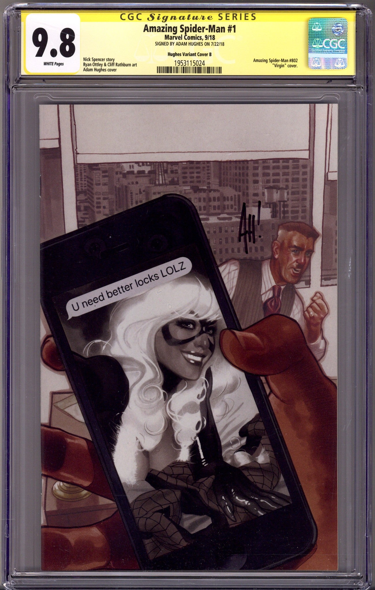 Amazing Spider-Man Vol 5 1 (802) CGC 9.8 (NM/M) (2018) Hughes Virgin Exclusive Variant Signed x1 Cover Adam Hughes 